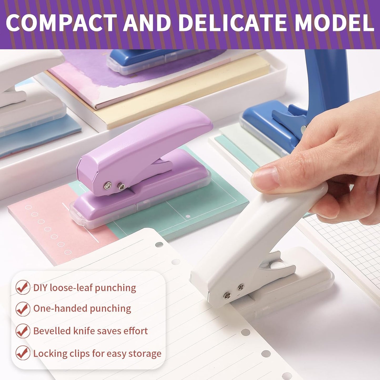 Single Hole Punch, 40 Sheets Punch Capacity, Kaluofan Hole Puncher Single, Small Hole Punch with Non-Slip Removable Base, One Hole Puncher for Crafts, Scrapbooks, Paper, Chipboard (Purple)
