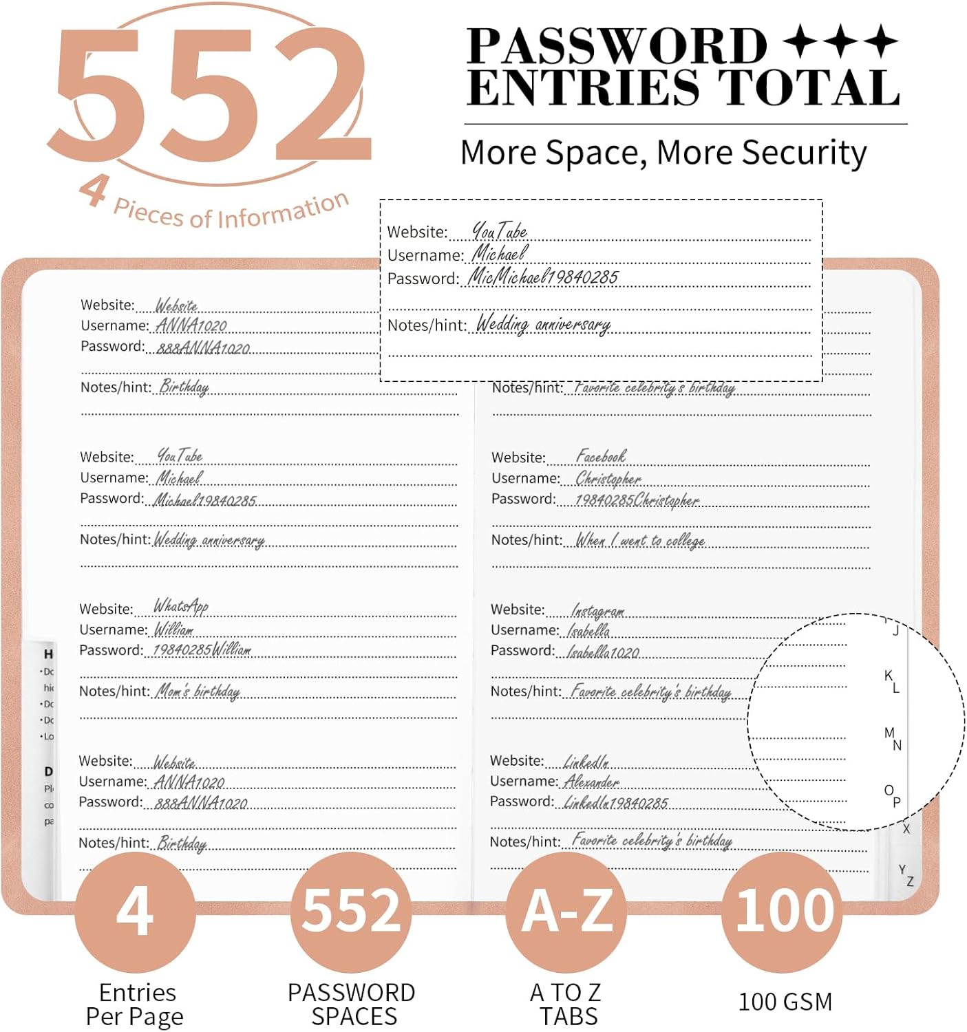 Password Book with Alphabetical Tabs, 5.4"x7.8"Password Keeper Book, 160 Pages/100GSM Hardcover Notebook, Password Organizer for Internet Website Address Login