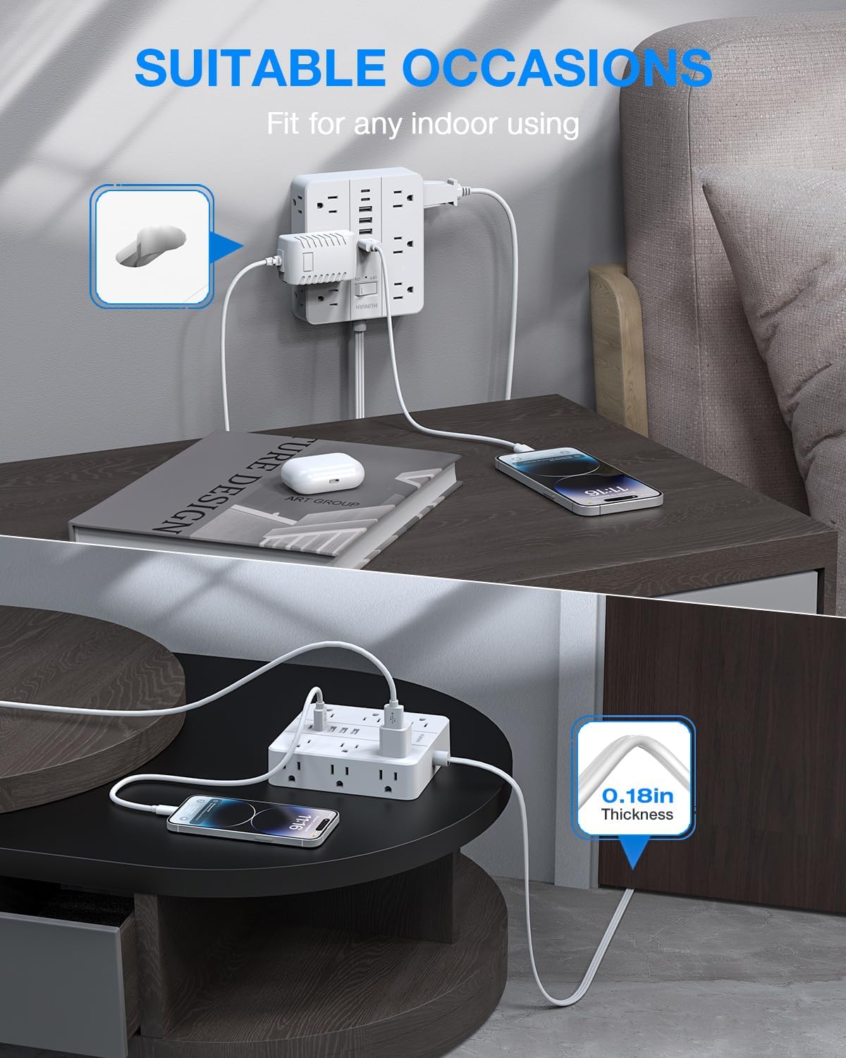 Surge Protector Power Strip 15 Ft Cord, HUNIAN Flat Plug Extension Cord with 12 Widely Spaced Outlets 6 USB Charger (2 USB C Ports), Desk Charging Station for Home Office Supplies, Dorm Room, White