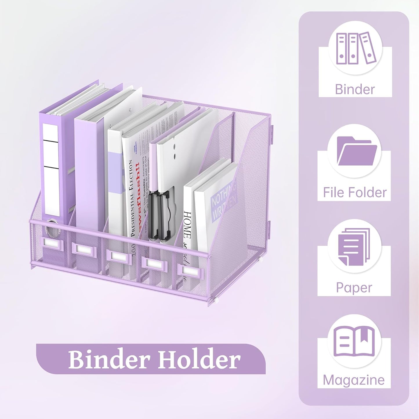 SUPEASY Desk Organizers Metal Desk Magazine File Holder with 5 Vertical Compartments Rack File Organizer for Office Desktop, Home Workspace, Purple Plus