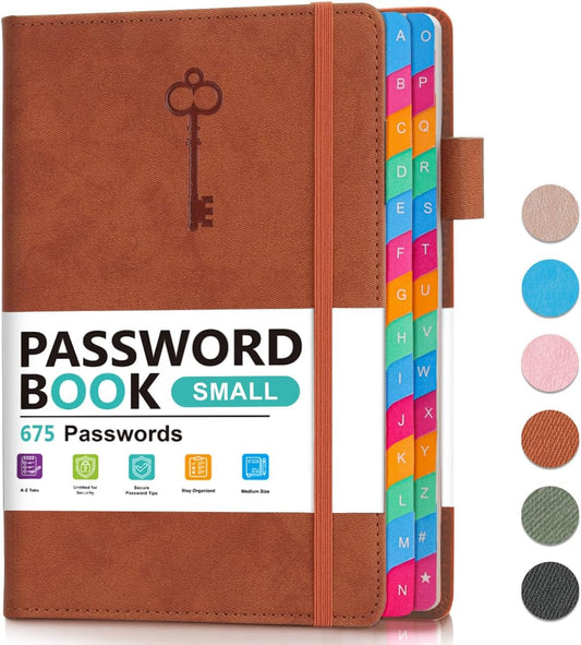 Small Password Keeper Book with Colorful Alphabetical Tabs, Hardcover Password Log-book for Internet Password and Website Address, 4.1"×6.2" Password Notebook for Home Office (Sienna)