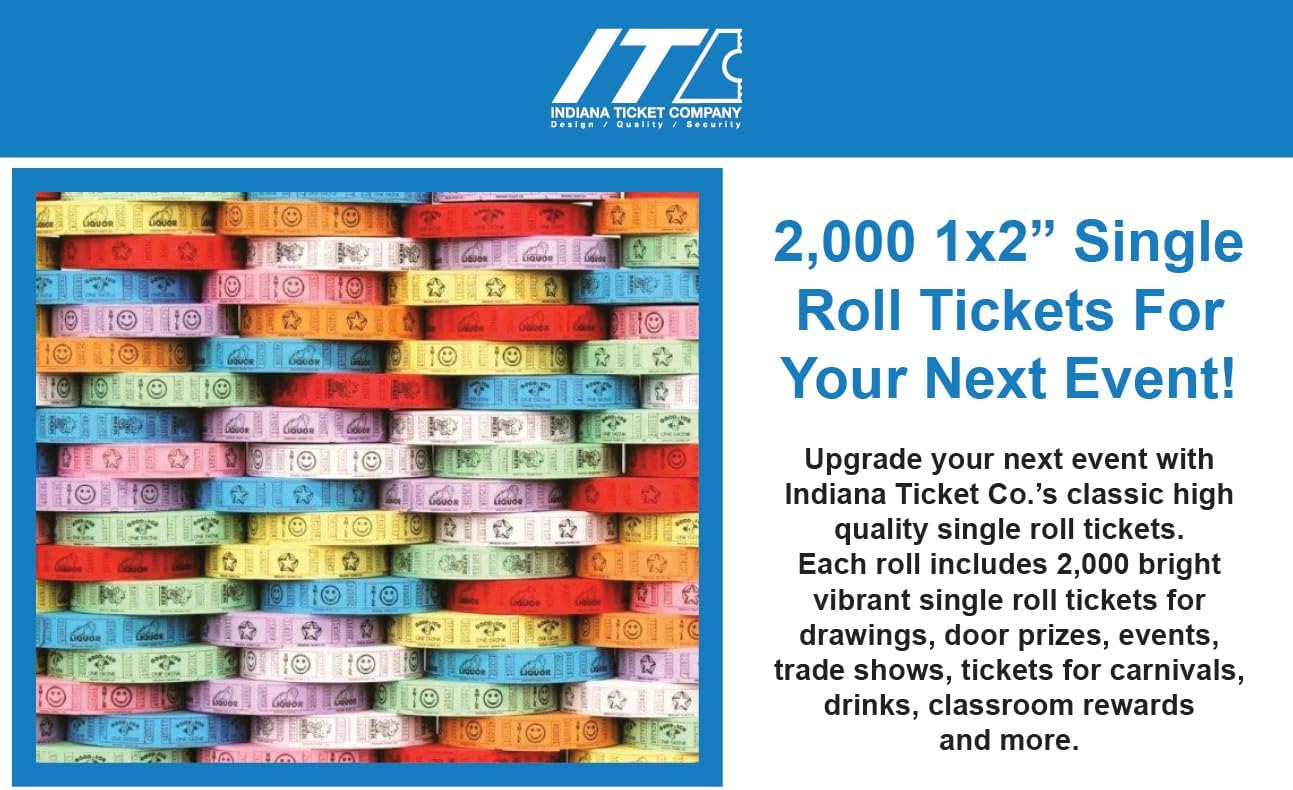 INDIANA TICKET CO. Yellow Liquor Roll Tickets, 2000 per Roll, Single Roll, 1x2 Tickets for Free Liquor giveaways