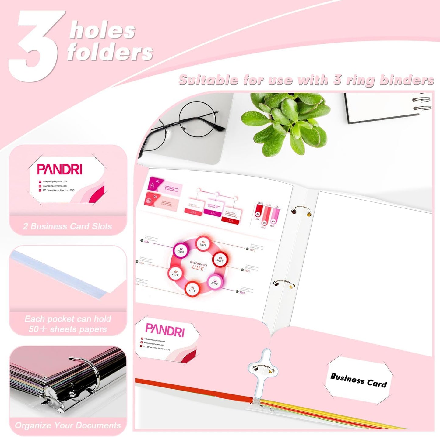 Two Pocket Portfolio Folders, PANDRI 60 Pack 3 Hole Punched 2 Pocket Folders for 3 Ring Binder, Letter Size Paper File Folder for School Office Home Business, Pink