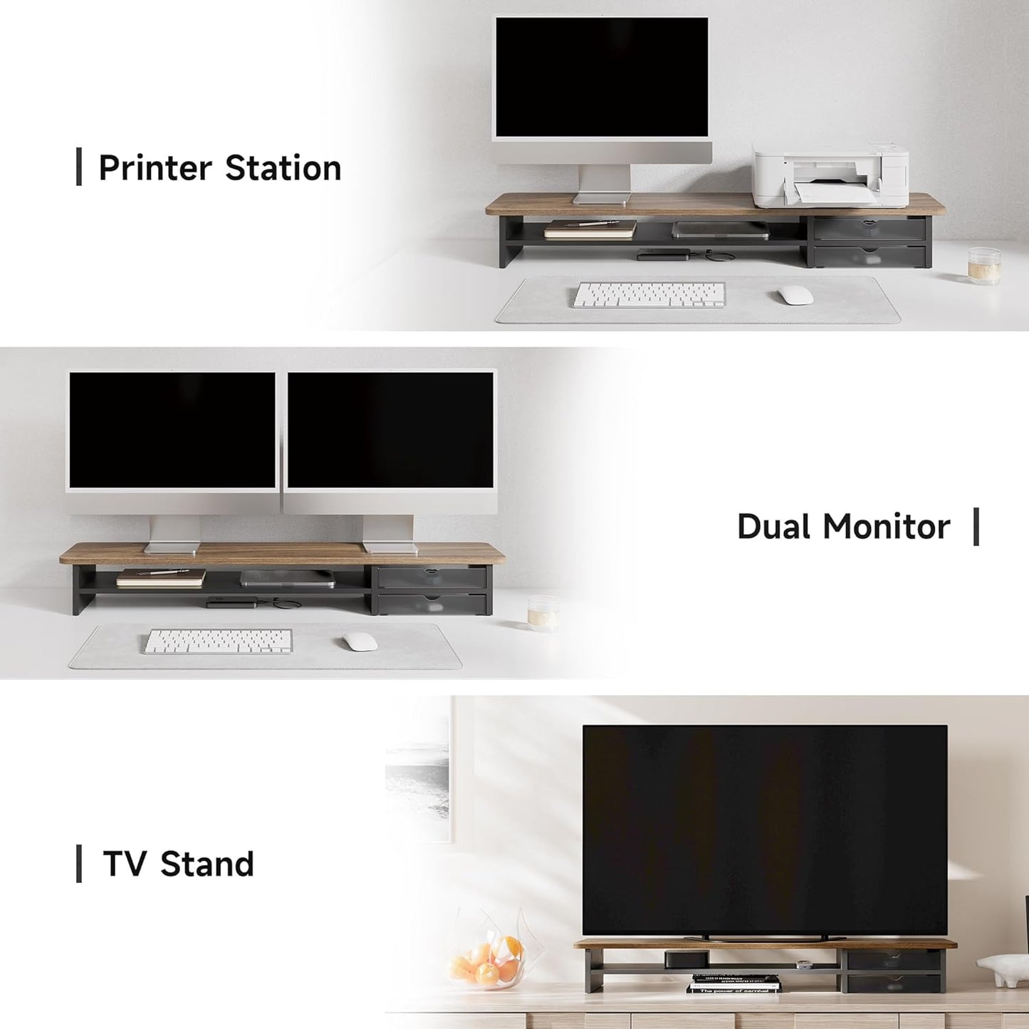 Fenge Monitor Stand, Dual Monitor Riser, 42.5inch Large Desk Computer Monitor Stand Riser with Drawer, 2 Tier Wood & Acrylic Desktop Organizer for Computer, Laptop, Printer, TV Screen Riser