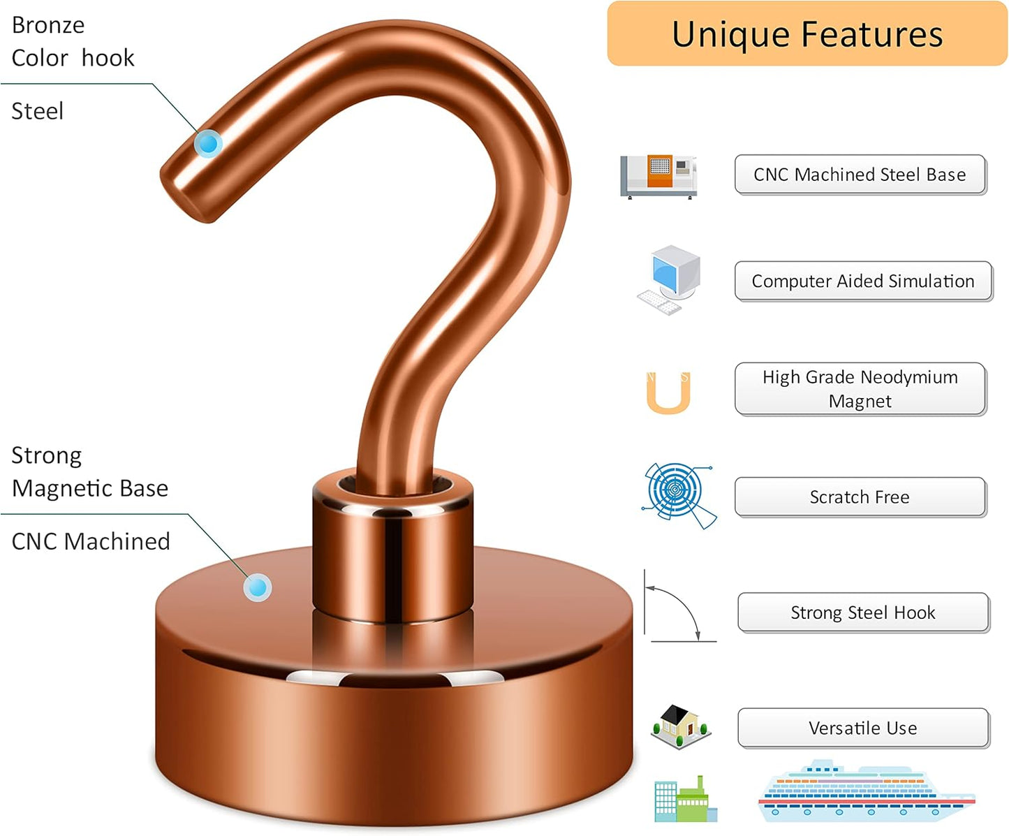 Neosmuk Magnetic Hooks,Heavy Duty Earth Magnets with Hook for Refrigerator, Extra Strong Cruise Hook for Hanging, Magnetic Hanger for Cabins, Grill (Bronze, Pack of 4)