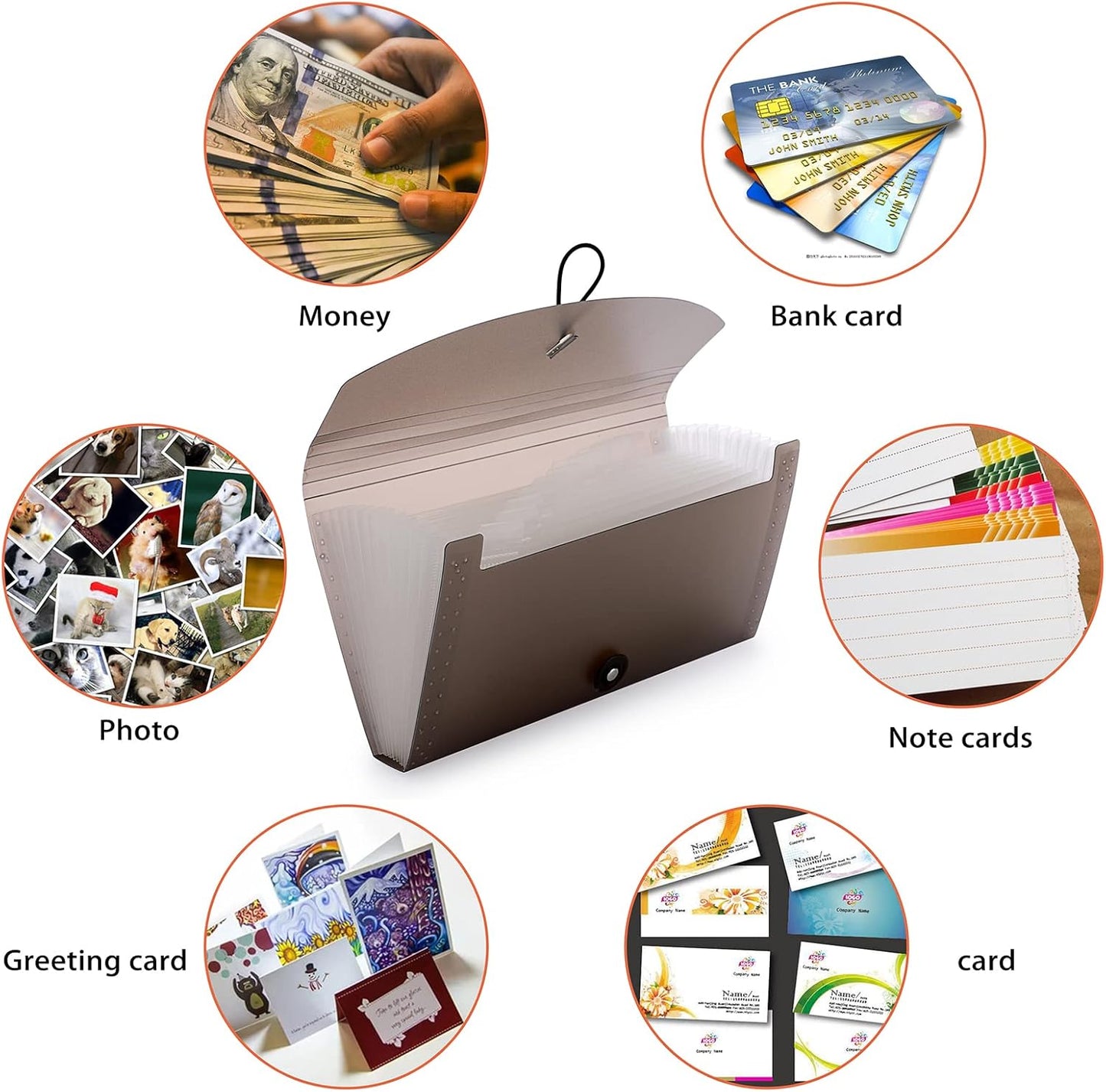 BTSKY Expanding Accordion File 13 Pockets Small Card Ticket Holder Storage Folder Check Bill Plastic Wallet Case (Coffee Translucent)