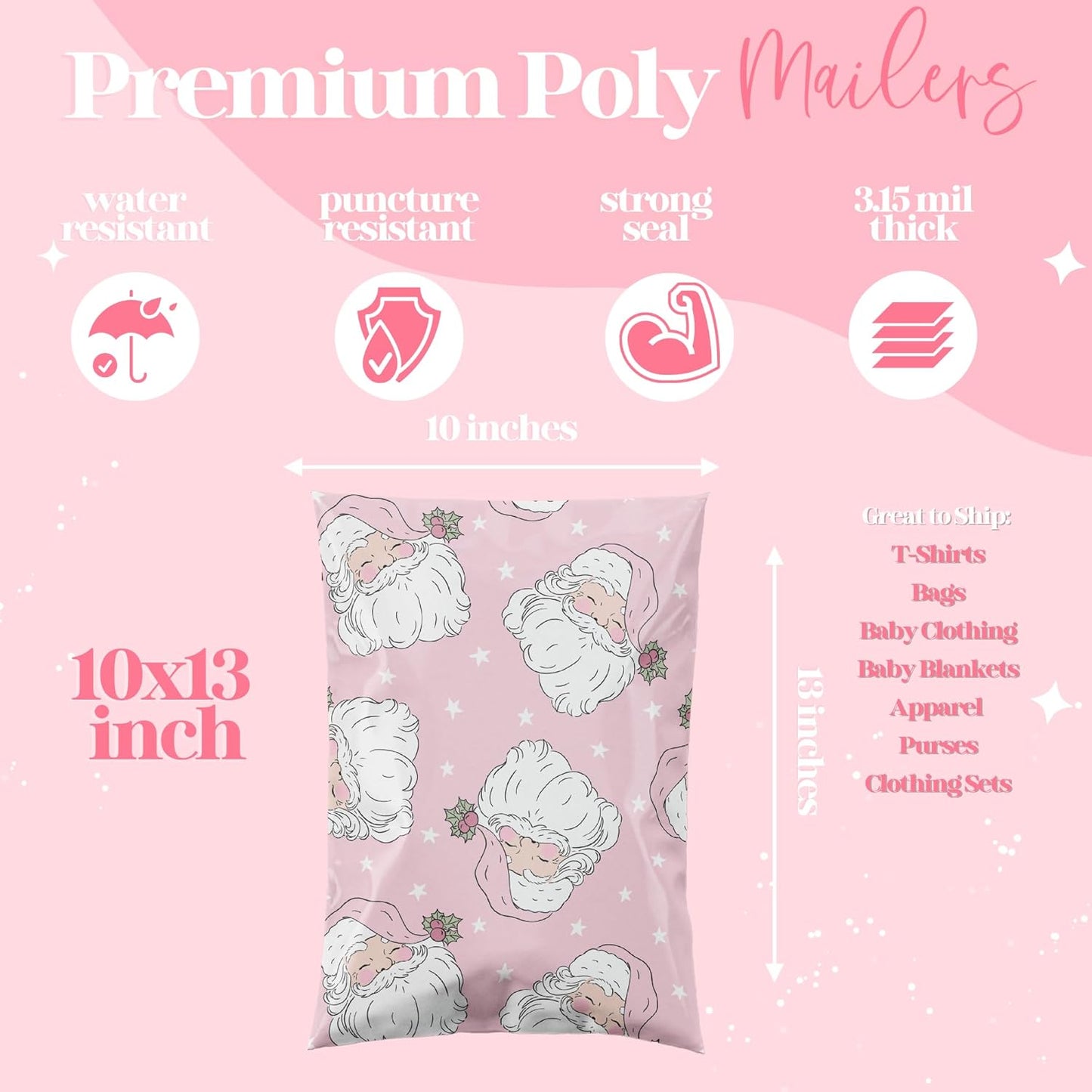 10x13 Designer Christmas Holiday Poly Mailer 100 Pack Heavy Duty Waterproof Self Seal Shipping Bags Large Mailing Envelopes Bulk Tear Resistant Cute Packaging Pink Santa