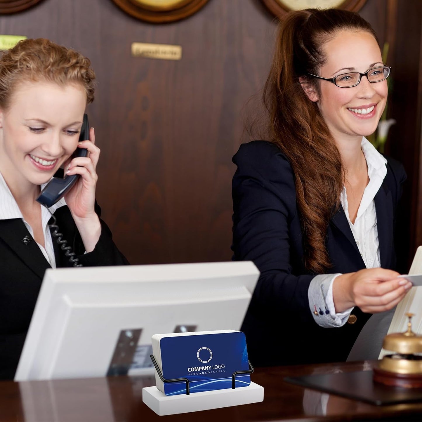 Amyhill 2 Pieces Wood Business Card Holder for Desk Wooden Business Card Display Stand Postcard Holder for Office Home Desktop (White, Black)