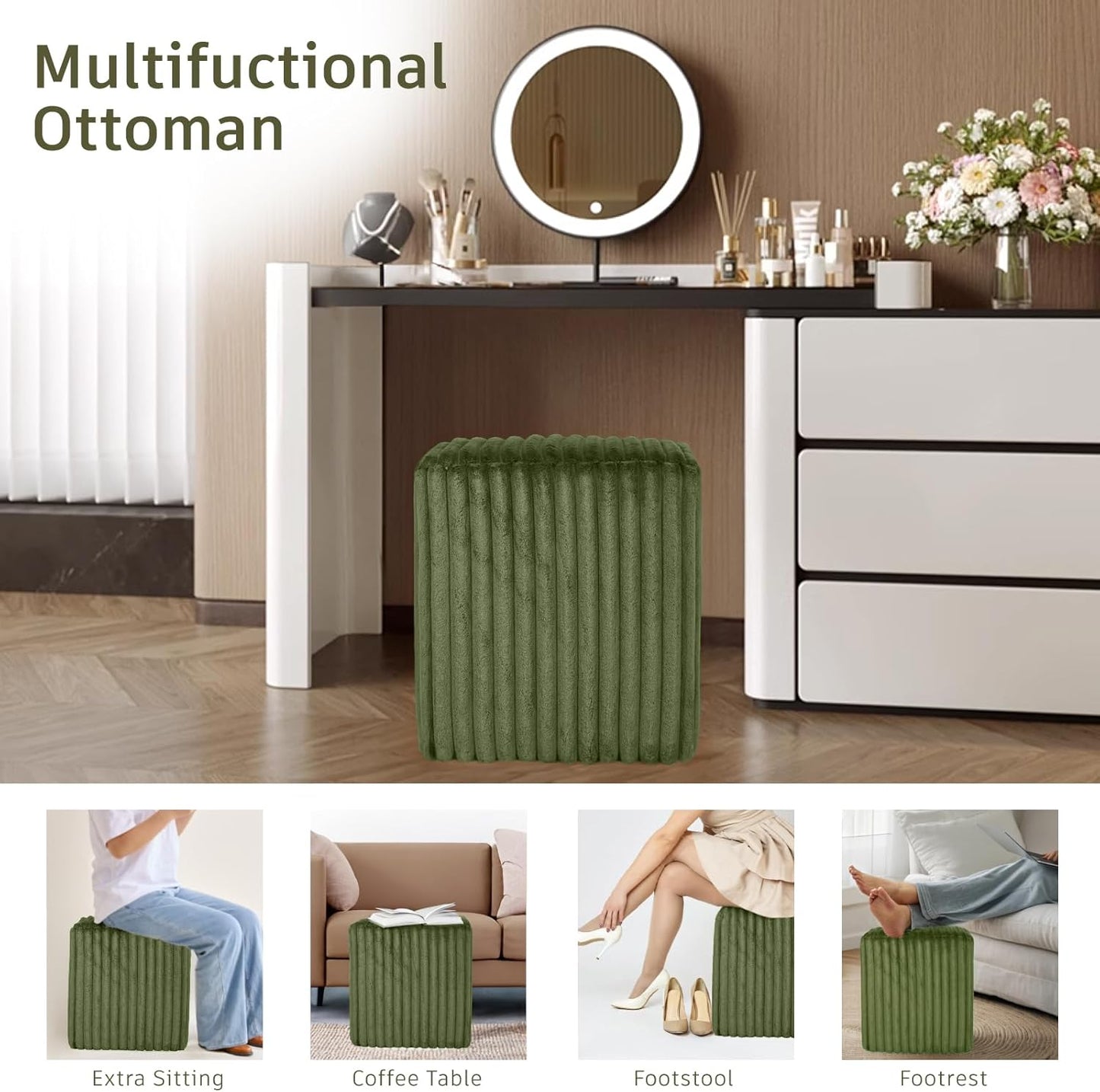 Modern Square Ottoman 2Pcs, Vertical Channel Tufted Foot Stool Ottoman, Velvet Upholstered Vanity Stool for Makeup, Bedroom, Living Room, Dark Green