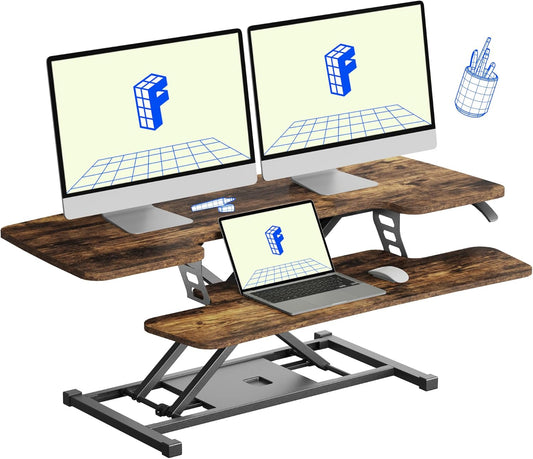 FLXISPOT 42-inch Standing Desk Converter, Sit to Stand Dual Monitor and Laptop Workstation with Wide Keyboard Tray, Rustic Color