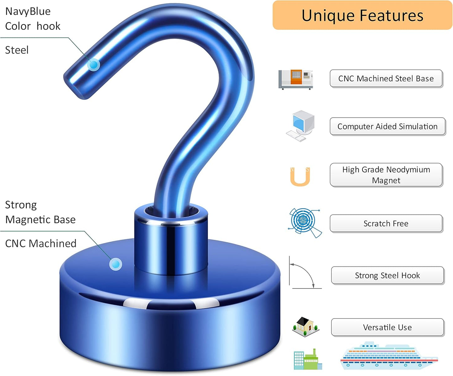 Neosmuk Magnetic Hooks,Heavy Duty Earth Magnets with Hook for Refrigerator, Extra Strong Cruise Hook for Hanging, Magnetic Hanger for Cabins, Grill (Navyblue, Pack of 4)