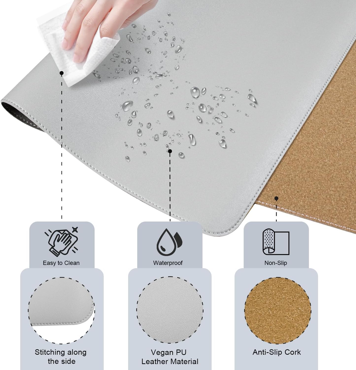 Dual-Sided Desk Pad, Natural Cork & PU Leather Mouse Pad for Desk, Desk Pad Protector, Non-Slip Desk Mat for Office and Home Work, (Light Gray, 23.6" x 13.7")