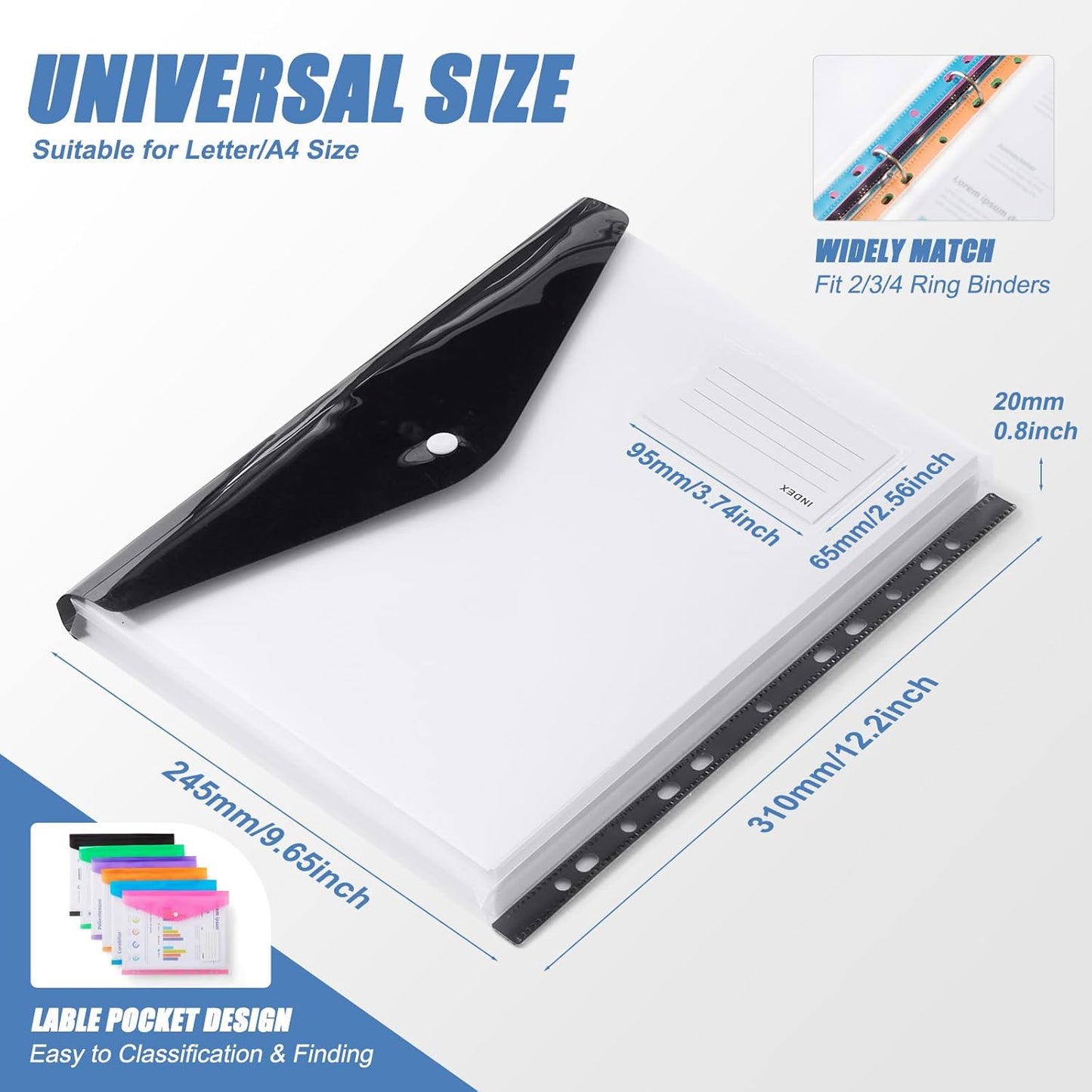 Binder Pocket Organizer Folders, 12 Pack Expandable Files Bag Plastic Envelopes Binder Folders with 11 Holes for 2/3/4 Ring Binder, Document Pouch with Snap Button and Label for School Office Home