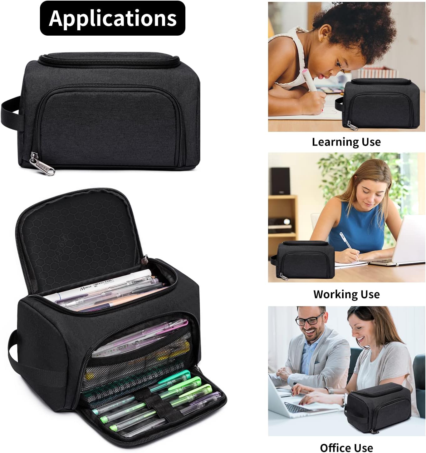 XQXA Large Capacity Pencil Case Organizer, Multifunctional Extra Big Pencil Pouch with Compartmens, Travel Simple Stationery Pen Bag, Fabric Pencil Bag for Men Women Girl Boy (Black)