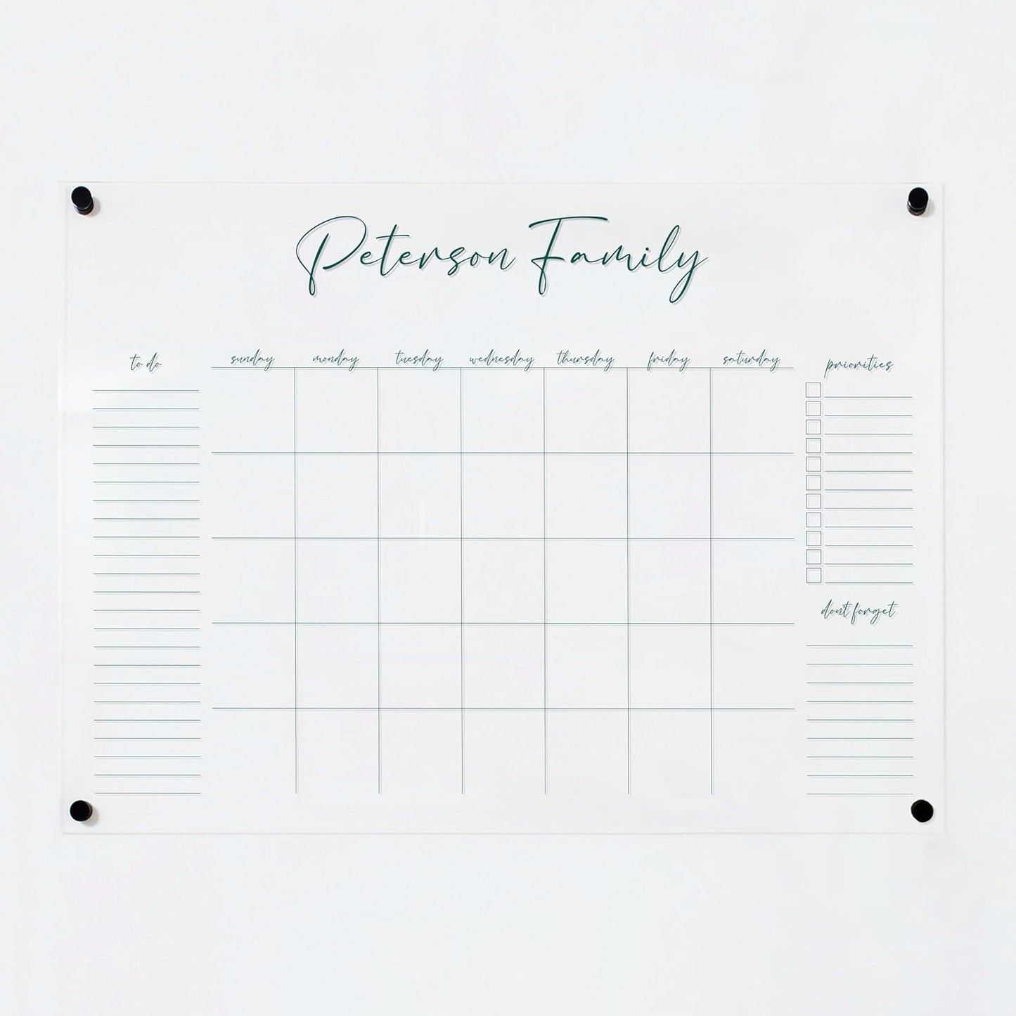 Personalized Clear Acrylic Calendar for Wall, Calendar Whiteboard for Wall, Dry Erase Wall Calendar, Wall Calendar Organizer System for Home (Cursive, Jade, 31"W x 23"H)