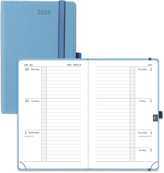 POPRUN Weekly Planner 2026 Calendar (Pocket 4'' x 6.25'') 12 Months Notebook with Horizontal Layout, Leather Hardcover, Inner Pocket, 100GSM Thick Paper, Pen Holder - Aquamarine
