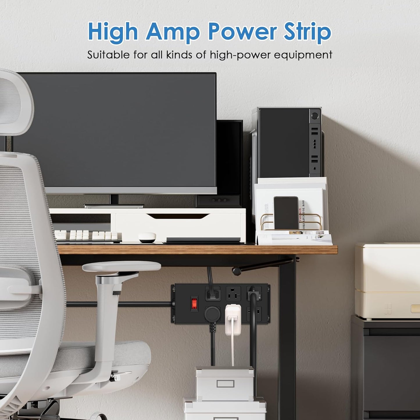 JUNNUJ Heavy Duty 20 Amp Power Strip, Garage 6 Outlets Metal 12 Gauge Surge Protector 3000J, High Amp 5-15P Adapter Shop 6-20R T-Slot Industrial (6AC, 6FT)