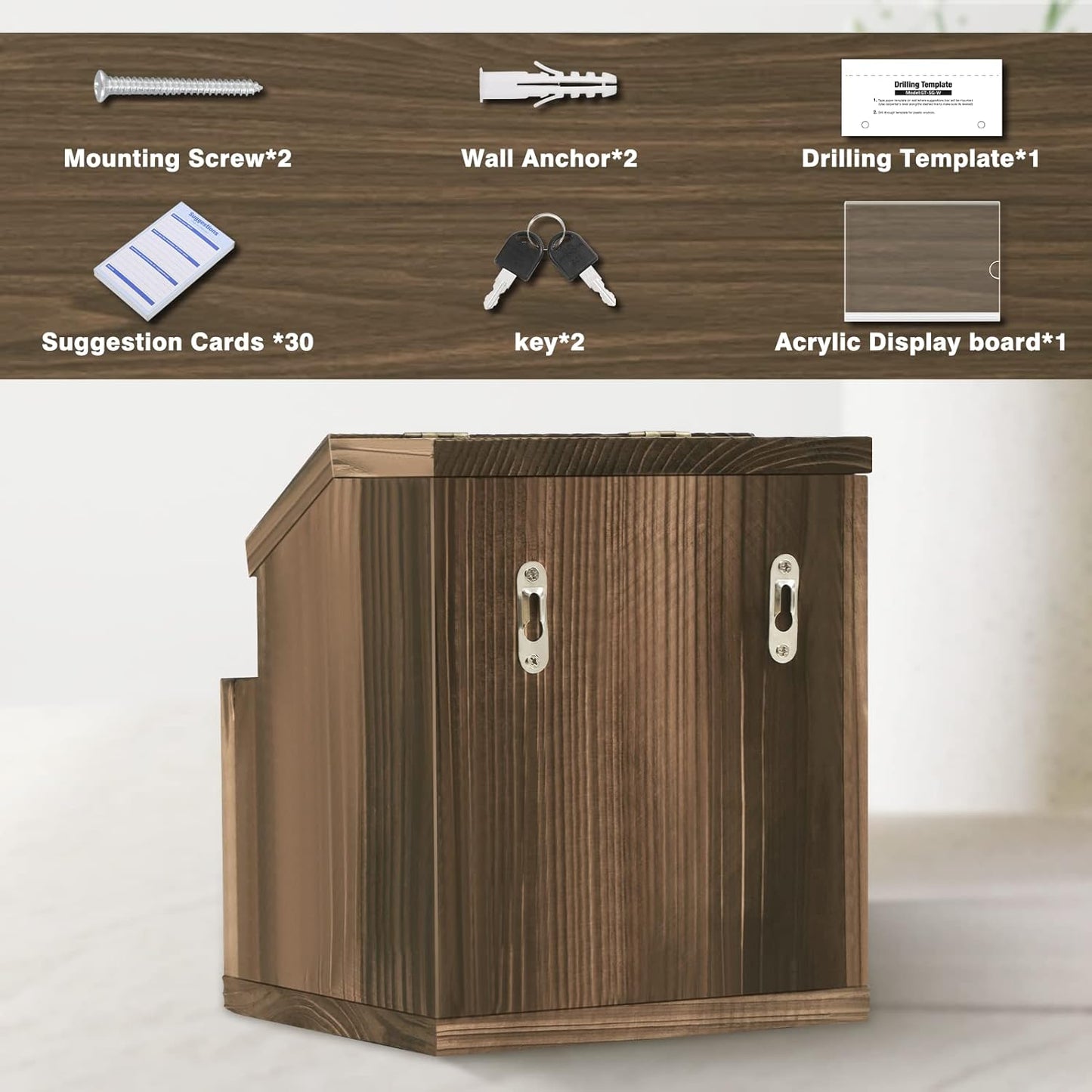 KYODOLED Wood Suggestion Box with Lock Wall Mounted, Rustic Ballot Donation Key Drop Box with Clear Acrylic Sign Holder and 30 Free Suggestion Cards 9H x 6.9W x 8.5L Inch