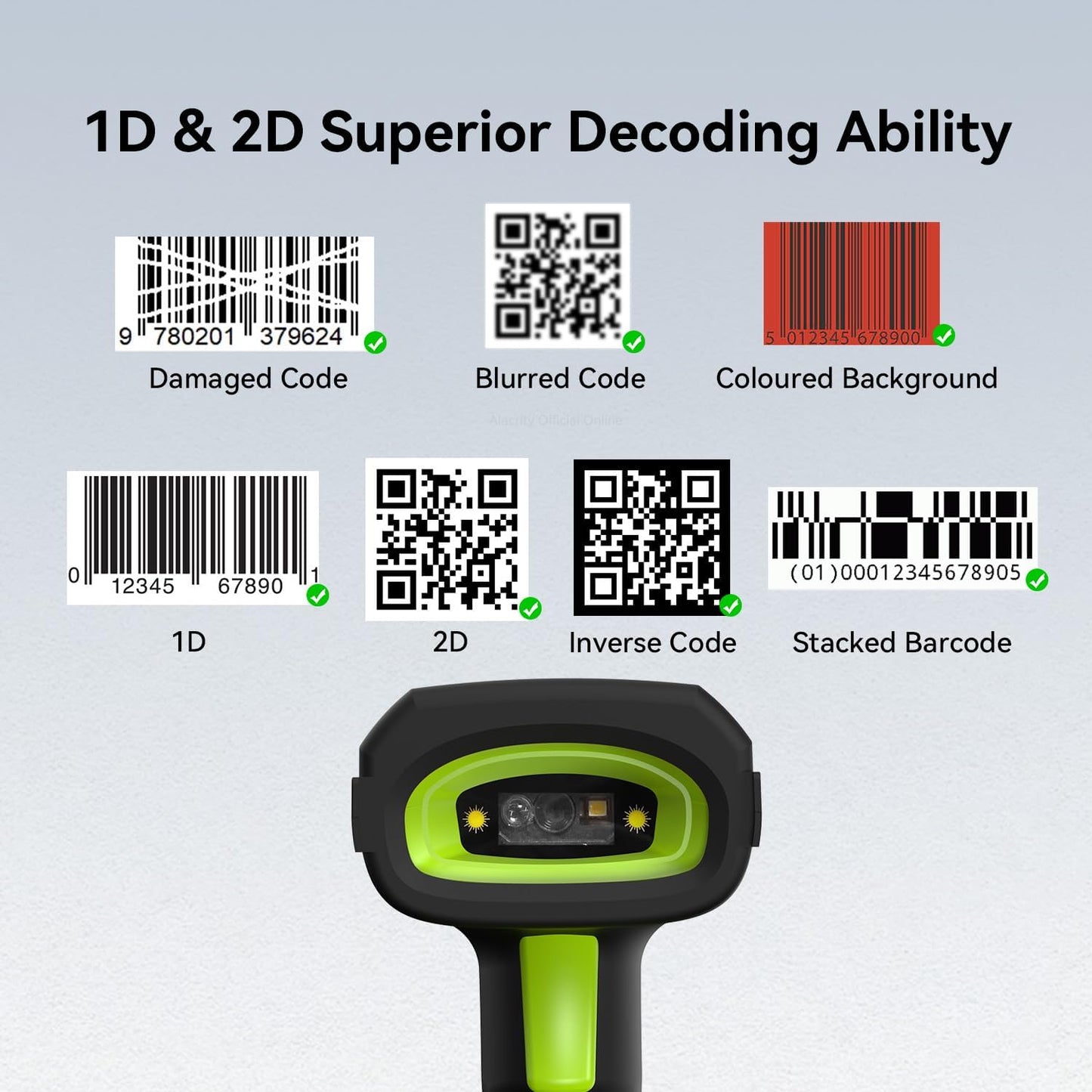 Alacrity Industrial Barcode Scanner, 1D/2D Symbologies, Wireless Charging, Long-Distance 433MHz Wireless & Bluetooth Connectivity, Shock and Dust-Proof Barcode Reader, Green