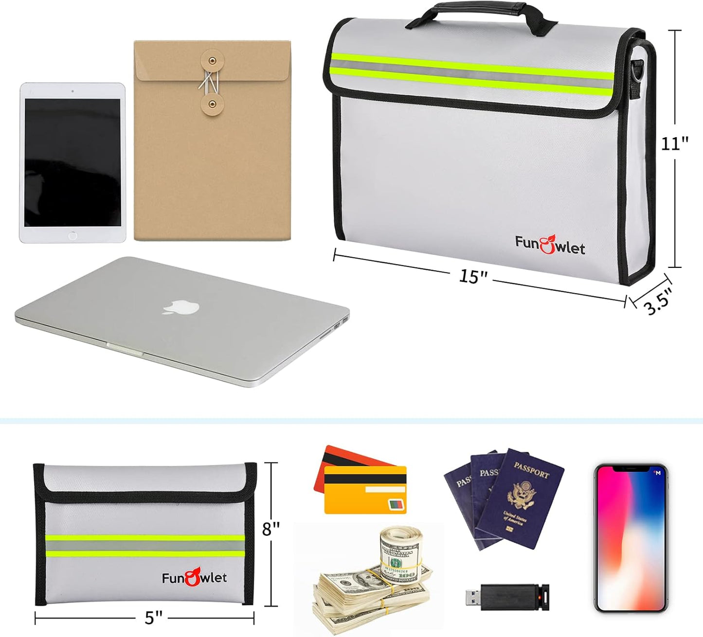 Fireproof Waterproof Money Document Bag - Large Fireproof Safe Box with Wallet Protector, Fire & Water Resistant Storage Organizer Pouch for A4 Documents Holder,File,Jewelry,Passport,Laptop (Gray)