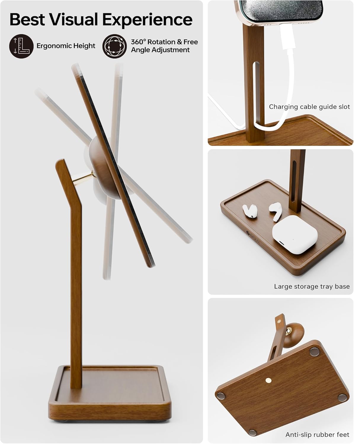 YEOUX Premium Desktop Glass Whiteboard & Magnetic Phone Stand 2-in-1 | 360° Adjustable | Solid Wood | MagSafe Compatible, Small Dry Erase Board for Office Home Desk