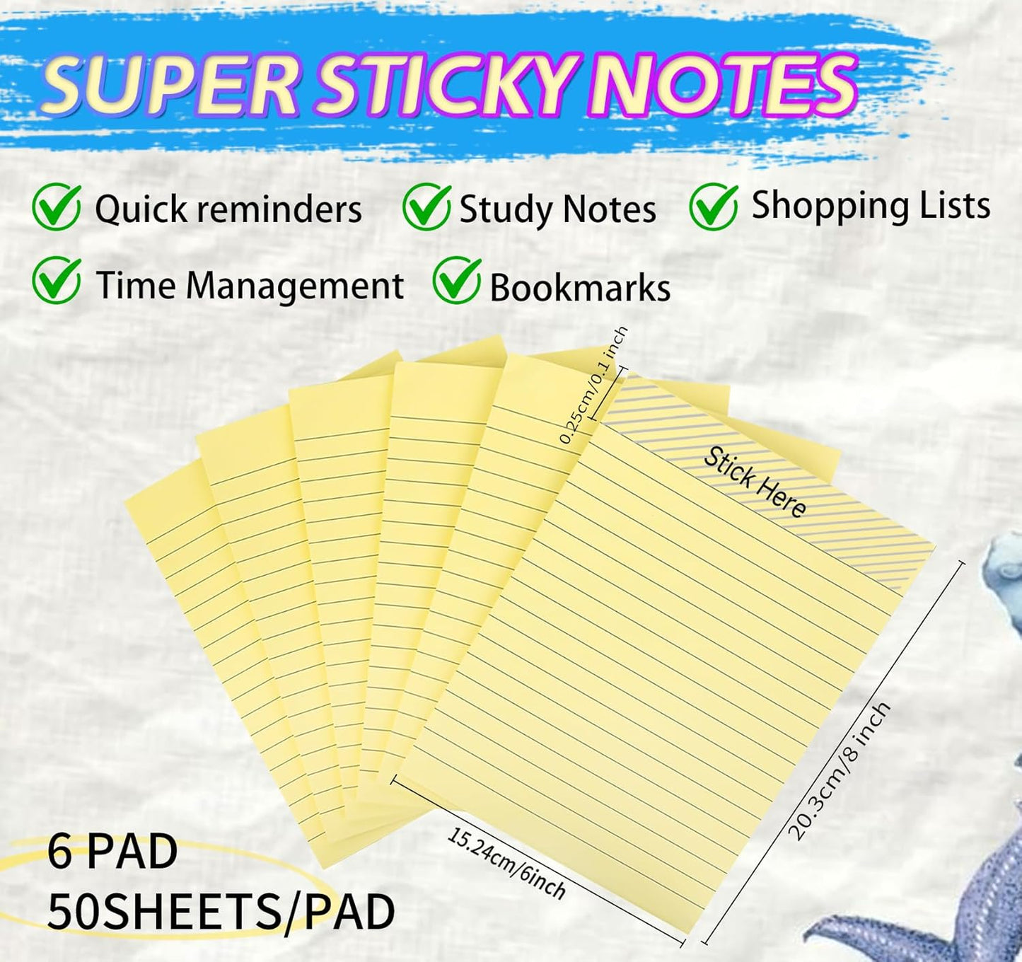 6 Pack 8x6 Inch Lined Sticky Notes, 300 Sheets Large Yellow Sticky Notes with Lines Super Sticking Power Memo Pads, Self-Stick Note Pads for School Office Home