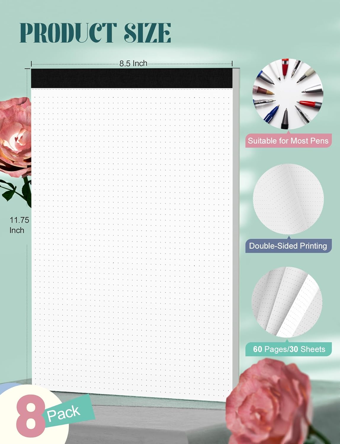 Dot Grid Journal Notepad 8.5 x 11, 8 Pack, Dotted Grid Paper Note Pads 8.5" x 11", White Dotted Journal 8-1/2 x 11, 30 Sheets, 1/5" Dot Spacing Paper Writing Pads for Sketching, Drawing, 30 Sheets/Pad