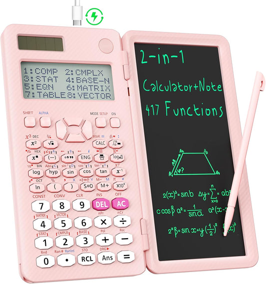 Rechargeable ROATEE 991ES MAX Scientific Calculators, CalcNote Multiview 4-Line Display with LCD Writing Tablet Notepad, Foldable Portable for Business High School College Students and Teacher(Pink)