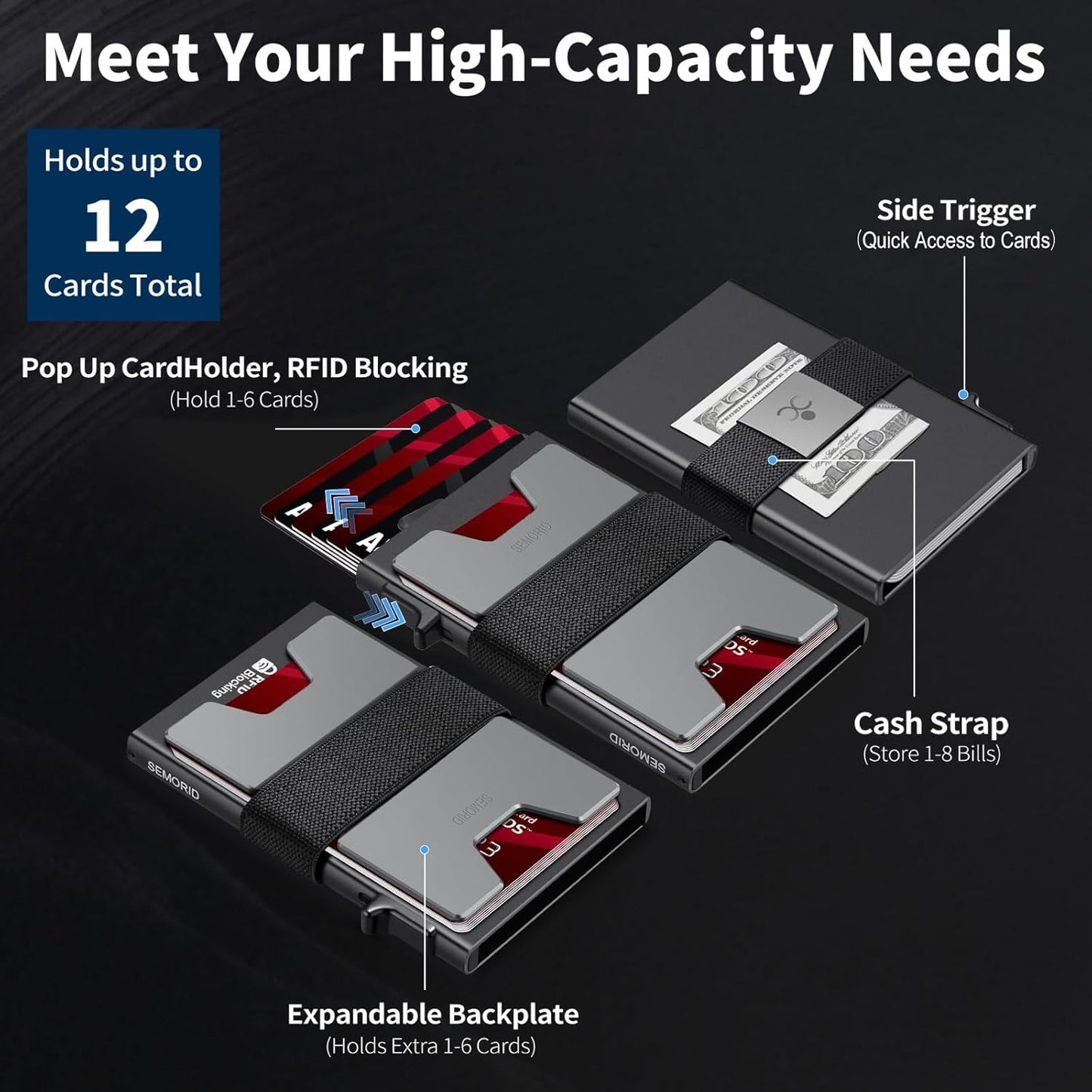 Slim Aluminum Card Holder Wallet for Men, Durable Expandable Backplate, RFID Blocking Minimalist Metal Pop Up Wallet, Holds 12+ Cards Plus Cash