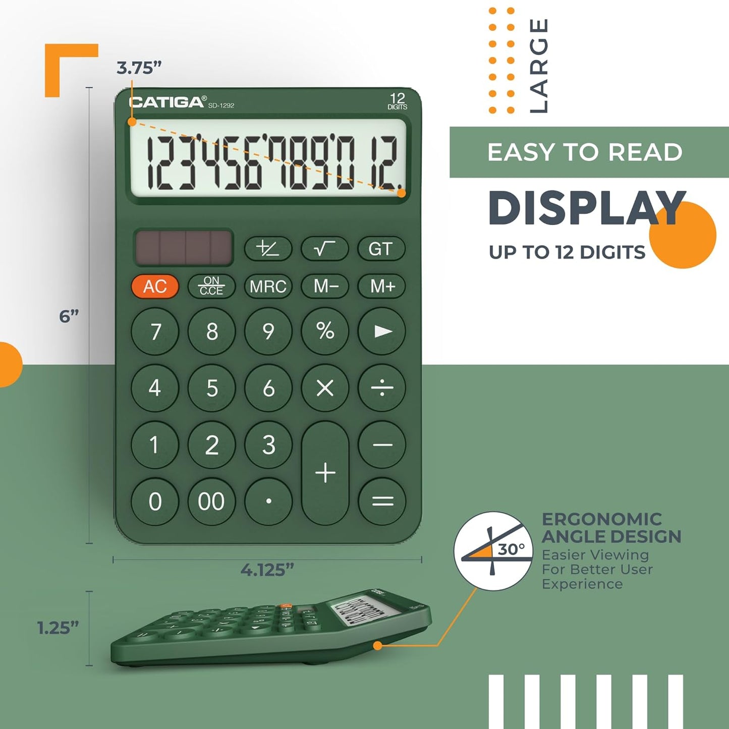 CATIGA 12 Digit Desktop Calculator Basic Desk Calculator with Large LCD Display, Big Buttons, 4 Function, Solar and Battery Dual Power, for Office, School, Home, SD-1292 Green