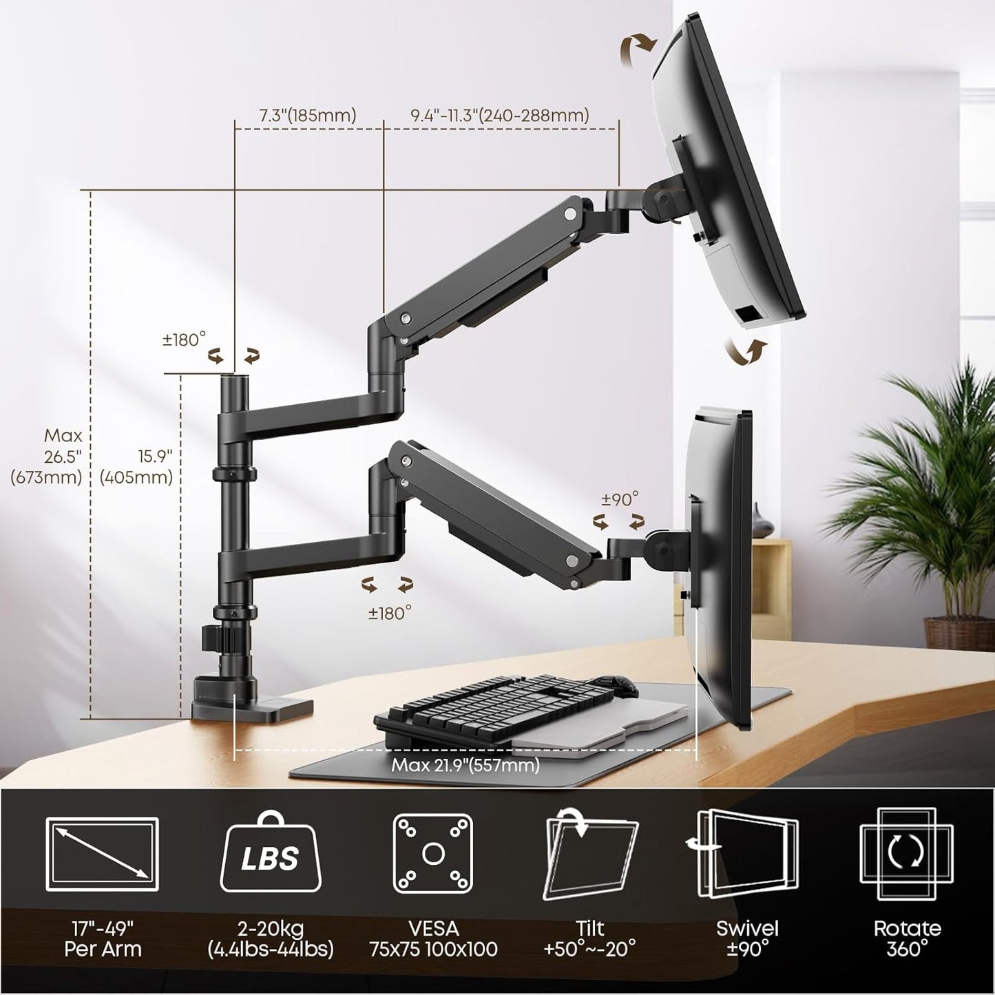 PUTORSEN 17-49 inch Premium Aluminum Heavy Duty Dual Monitor Arm for Ultrawide Screens up to 44lbs, Vertical Stacked Dual Monitor Desk Mount, Full Motion Dual Vertical Monitor Mount, VESA 75/100,Black