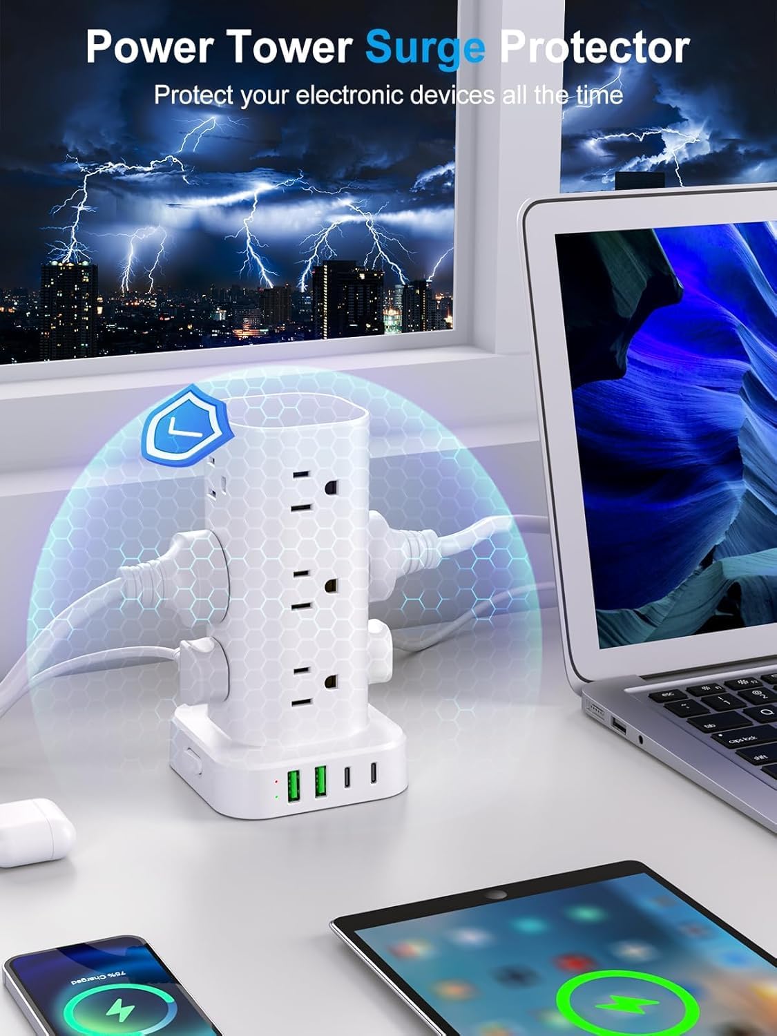 Power Strip Tower with Multiple Outlets, Flat Plug Surge Protector Tower Extension Cord with 12 AC Outlets 4 USB Ports (2 USB C), 15FT Cord Power Tower Surge Protector for Home Office Dorm Room, White
