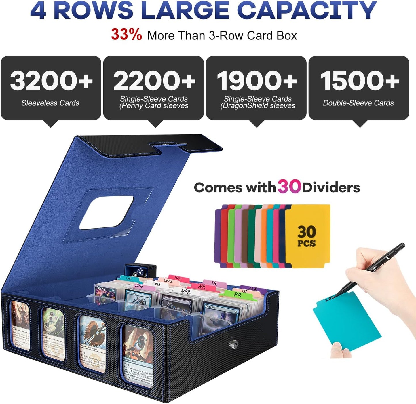 3200+ Trading Card Storage Box with Commander Display, 4-Row TCG Card Box with Portable Handle, Compatible for TCG/MTG/Magic Cards, 30 Colorful Divider, 8 Supporters, US Design Patent (Black&Blue)