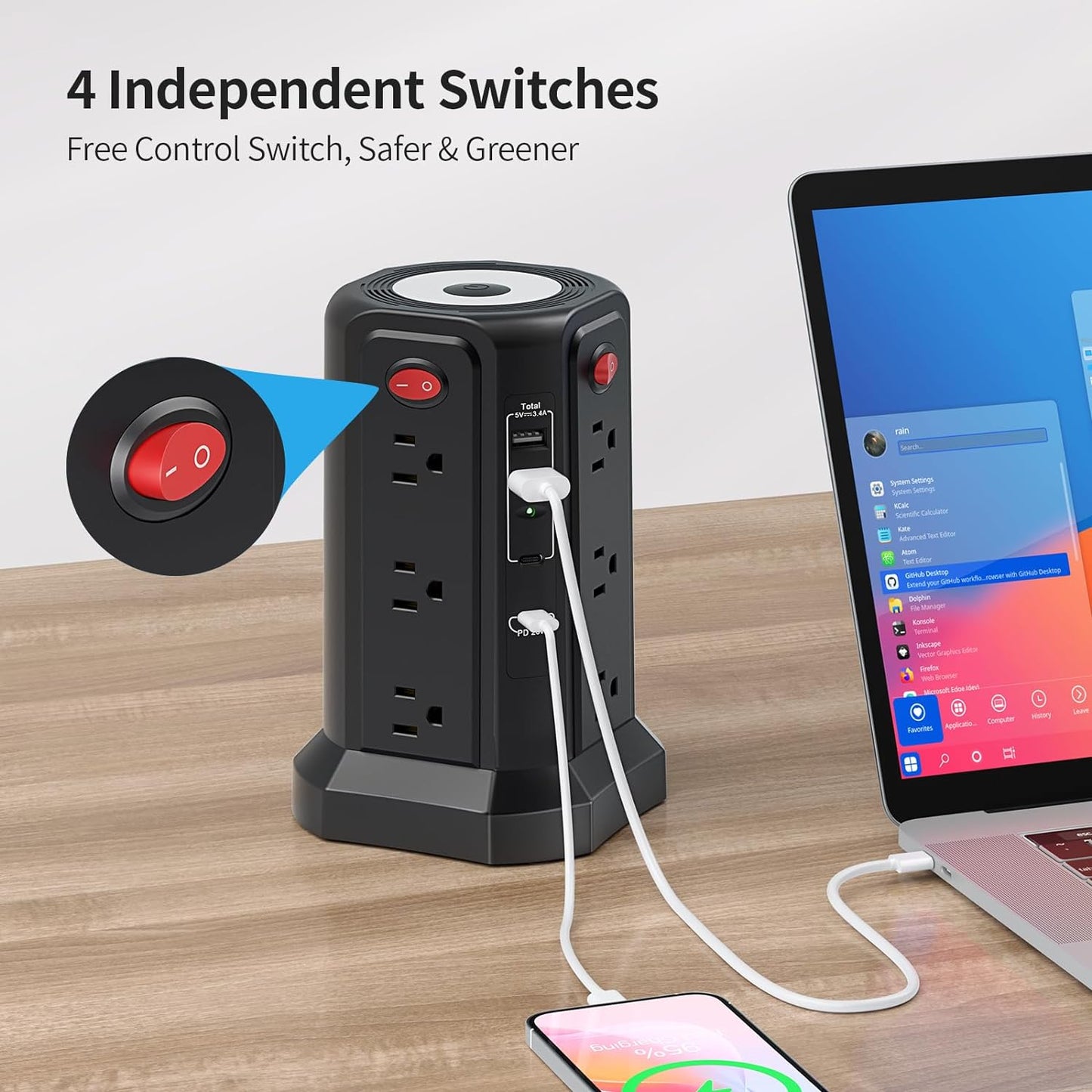 Long Surge Protector Power Strip 16 FT Cord, PD20W USB C Power Strip Tower with Night Light, Extension Cord with Multiple Outlets with 4 USB Ports, PASSUS Charging Station Home Office Essentials Black