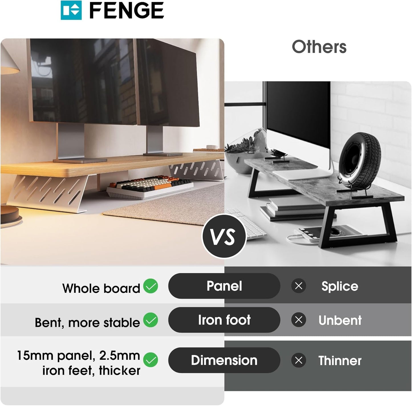 Fenge Dual Monitor Stand Riser, 42.5 Inch Desk Top Shelf for 2 Monitors, Computer Stands for Desk, Wood & Steel Desktop Riser for Laptop, PC, Printer