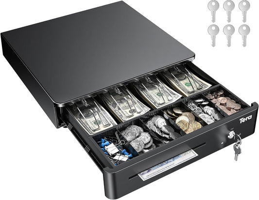 Tera 13" Auto Open Cash Register Drawer Heavy Duty Fully Removable Insert Tray 5 Keys 4 Bill 6 Coin Media Slot 24V RJ12 Key-Lock (Round Corner) for POS System Small Business 330R