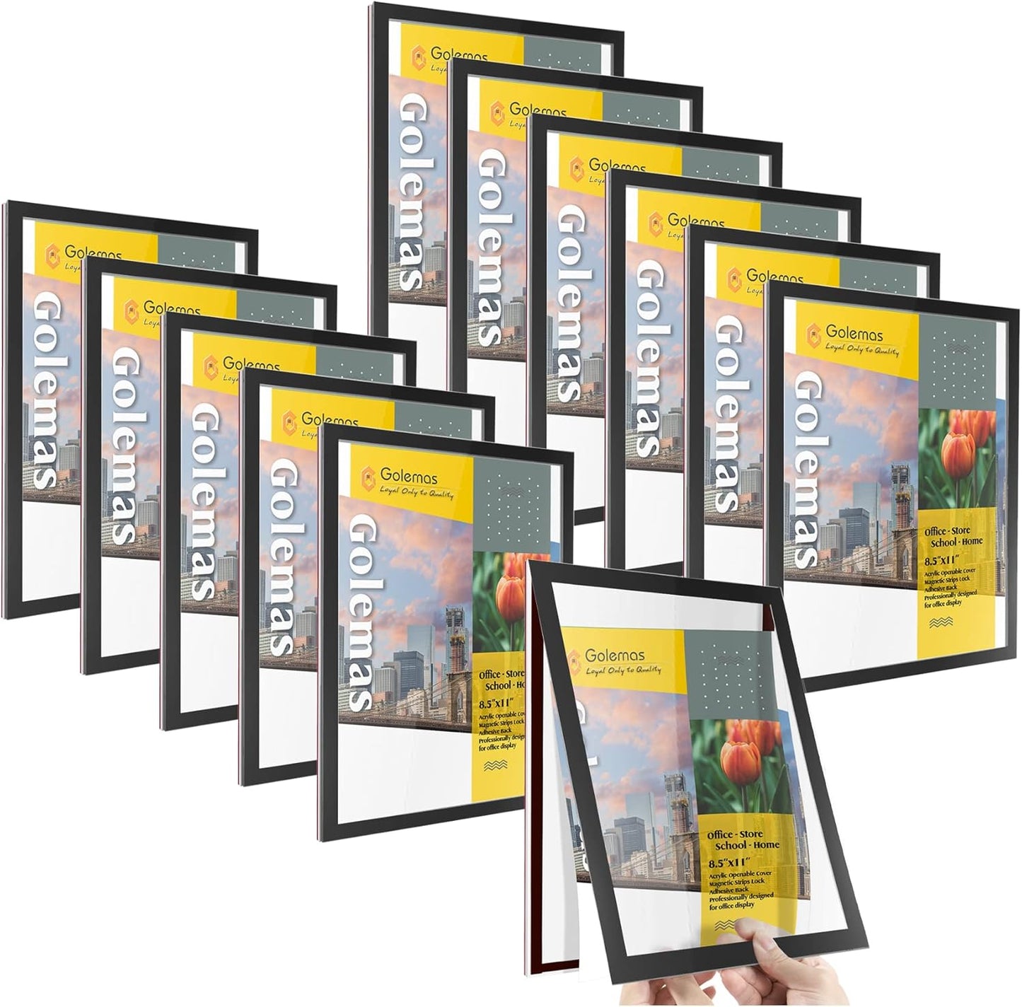 Acrylic Magnetic Sign Holder, Easy-Opening 8.5 x 11 Wall Mount Display Frames, Self Adhesive Back Plastic Clear Document Frame, Horizontal & Vertical Display (Black, 12Pack)