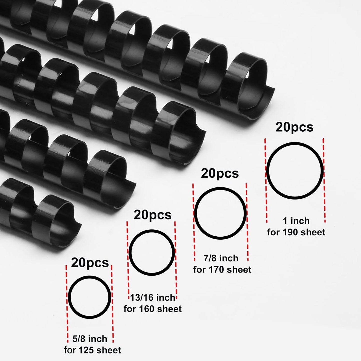 Rayson CR16202225BK Plastic Binding Combs 5/8 in. 13/16in, 7/8in, 1in, 19-Ring Letter Size, Black Comb Binding Spines, Multi-Size Pack of 40