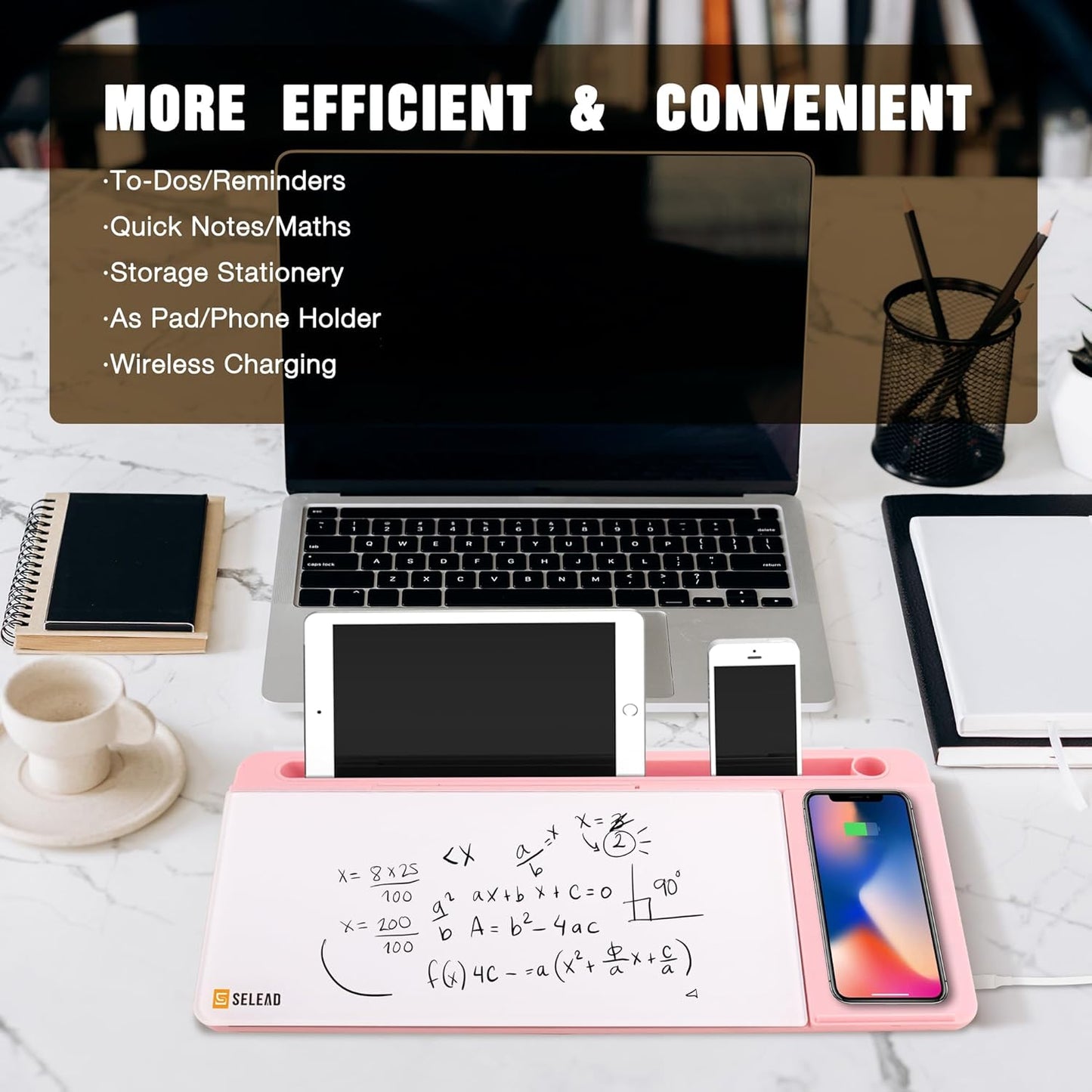 SELEAD Desktop Glass Whiteboard with Wireless Charger Station and Mirror, Desk Dry Erase Board Computer Pad Keyboard Stand with Organizer for Home, School, Office Accessories for Women, Pink