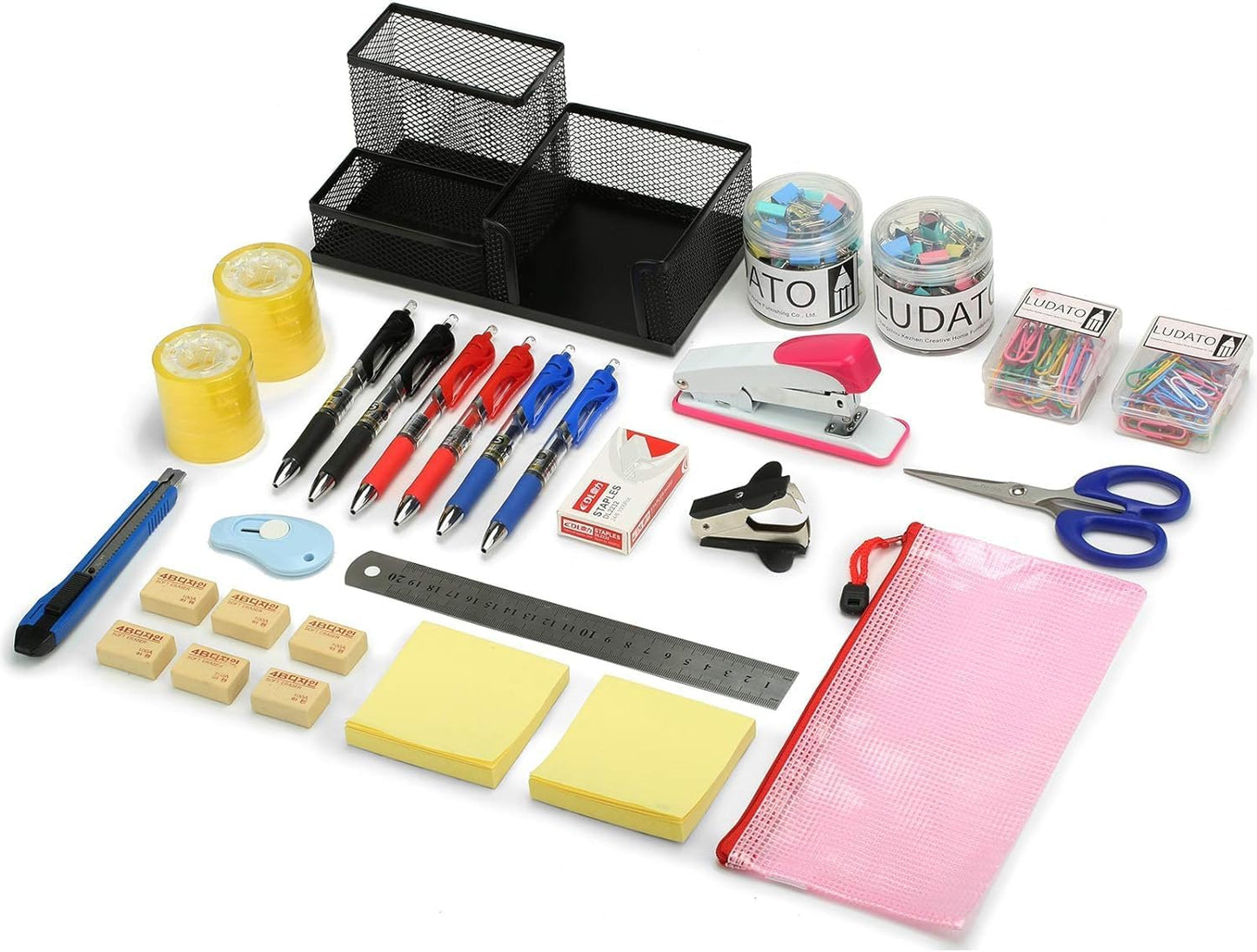 Ludato 39pcs Office Supplies Set - Desk Accessory Kit with Pen Holder Stapler Staples Staple Remover and Paper Clips - Complete Office Stationery Set for Home or Work