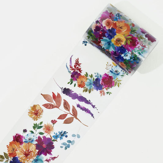 WT Pretty Florals Wide PET Tape, Single Roll, Original Designs, Floral Decorative Tape, Transparent Craft Tape for Bujo Planner & DIY Supplies, Watercolor Flowers