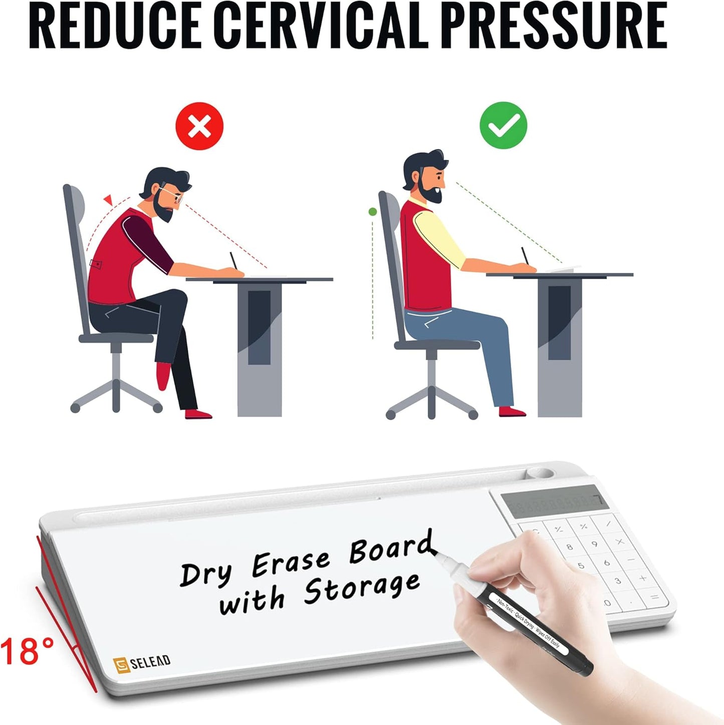 SELEAD Desktop Glass Whiteboard with Calculator, Organizer, Markers, Eraser, Holder - Small Dry Erase White Board Computer Pad Keyboard Stand Desk Drawer Accessories for Home, School, Office