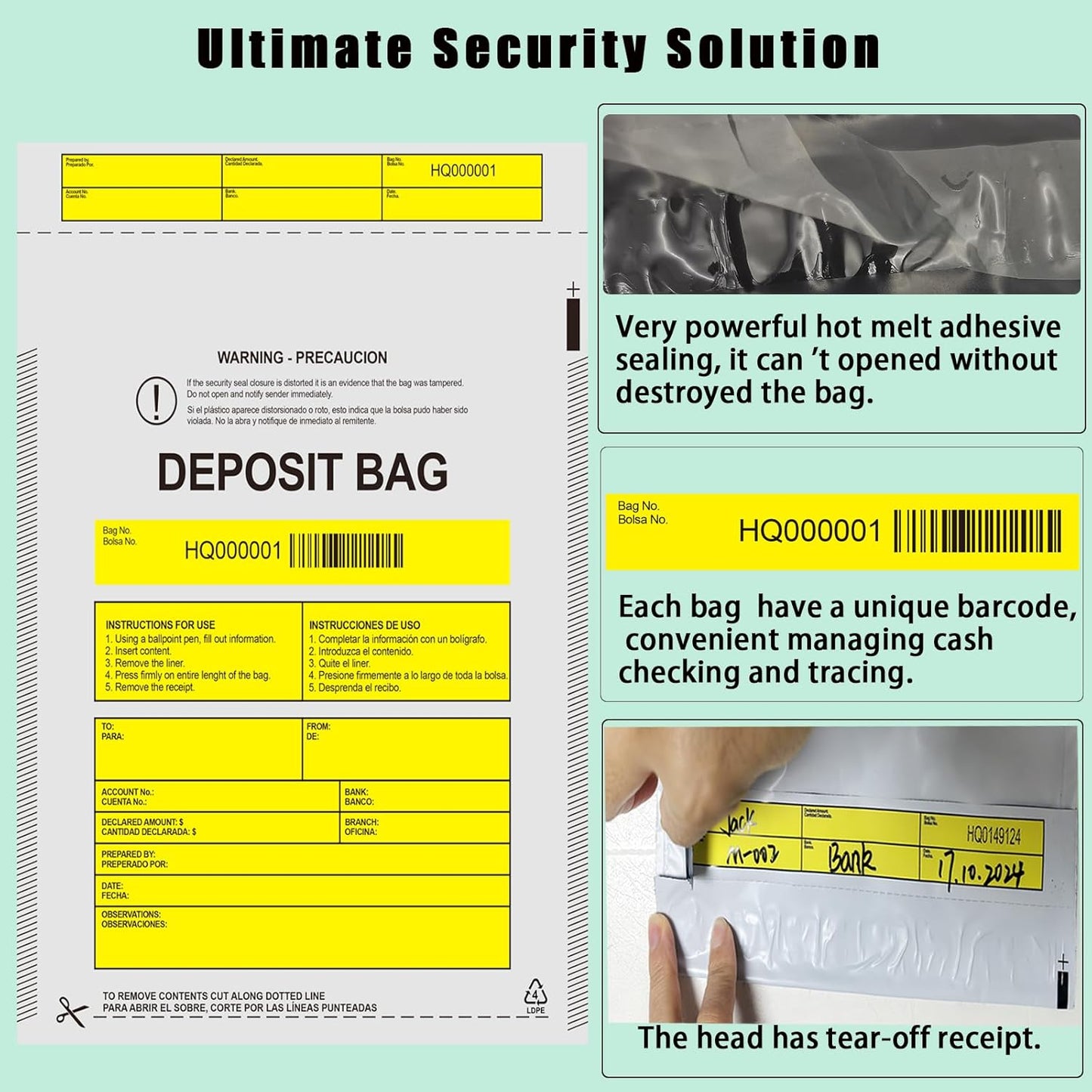 Plastic Deposit Bags 100 Pack 9''x12'', Opaque Security Bank Deposits,Cash register,Money bag for Cash,Bank Pocket,Tamper-Evident,Unique Barcode