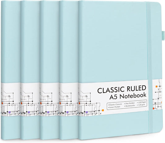 feela 5 Pack Notebooks Journals Bulk, Hardcover Notebook Classic Ruled Lined Journals with Pen Holder for Women Girls School Business Supplies, with 5 Black Pens, 120 GSM, 5.1”x8.3”, A5,Sky Blue