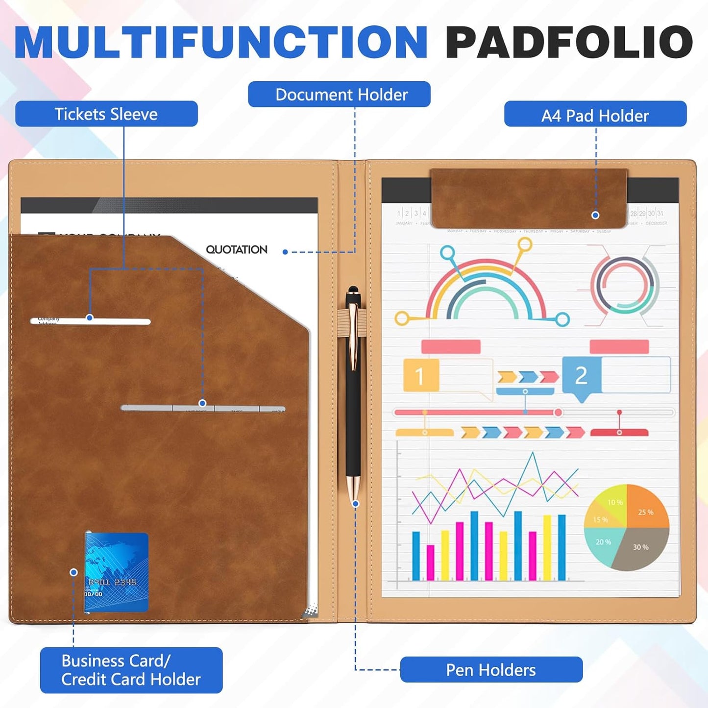 Personalized Padfolio Folder, Leather Custom Portfolio for Men & Women Resumes Office Business, A4 Portfolio Binder for Office College Resumes (Black)