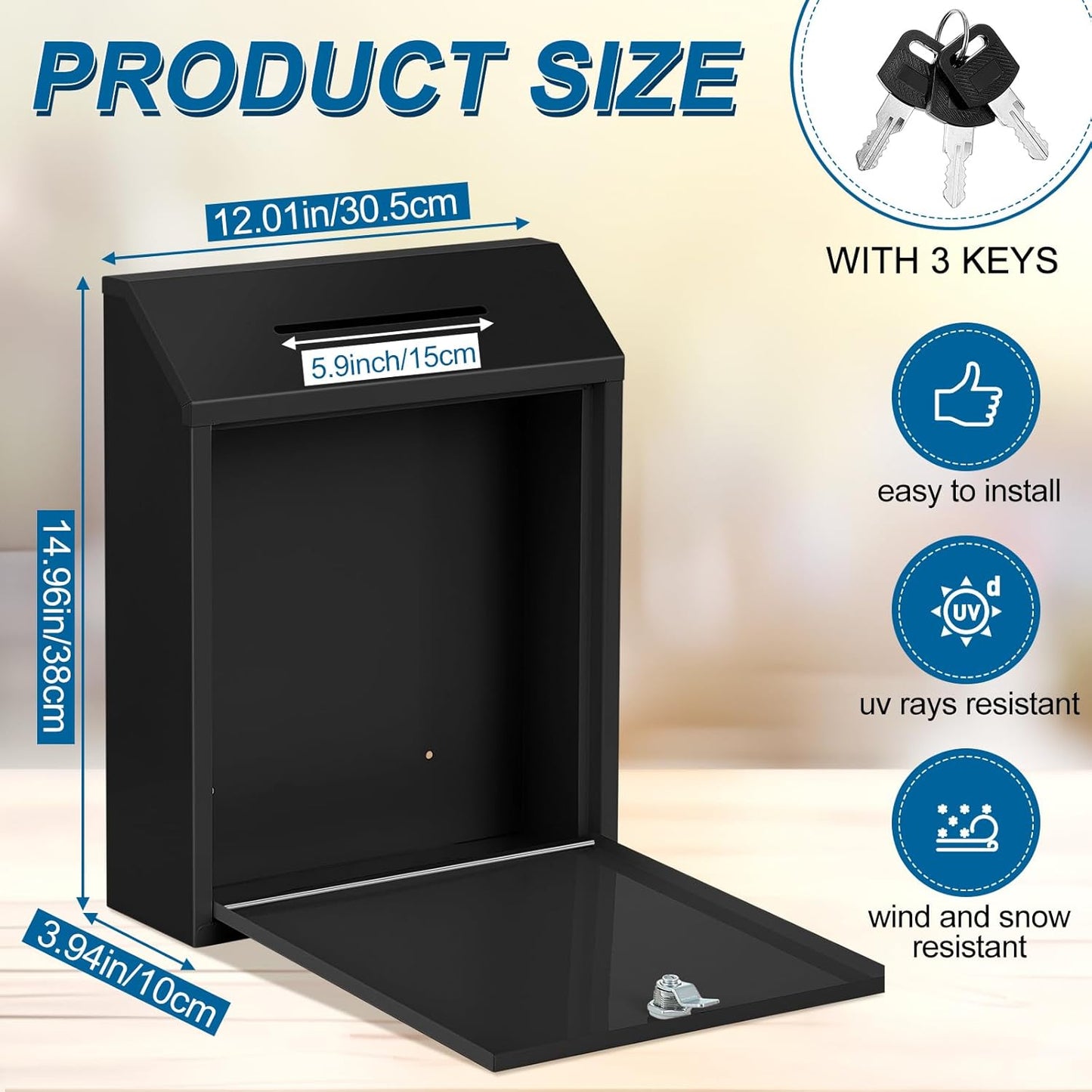 Metal Donation Cash Box Collection Safe Suggestion Box with Lock Wall Mounted Mailbox Delivery Ballot Container for Home Office Outdoor Door(Black,15 x 12 x 4 Inch)