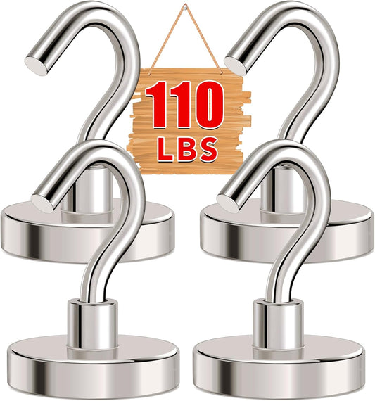 MIKEDE Magnetic Hooks Heavy Duty, 110Lbs+ Super Strong Magnet Hooks for Cruise, 4 Pack Neodymium Earth Magnets with Hook for Hanging, Magnetic Metal Hanger for Toolbox, Storage