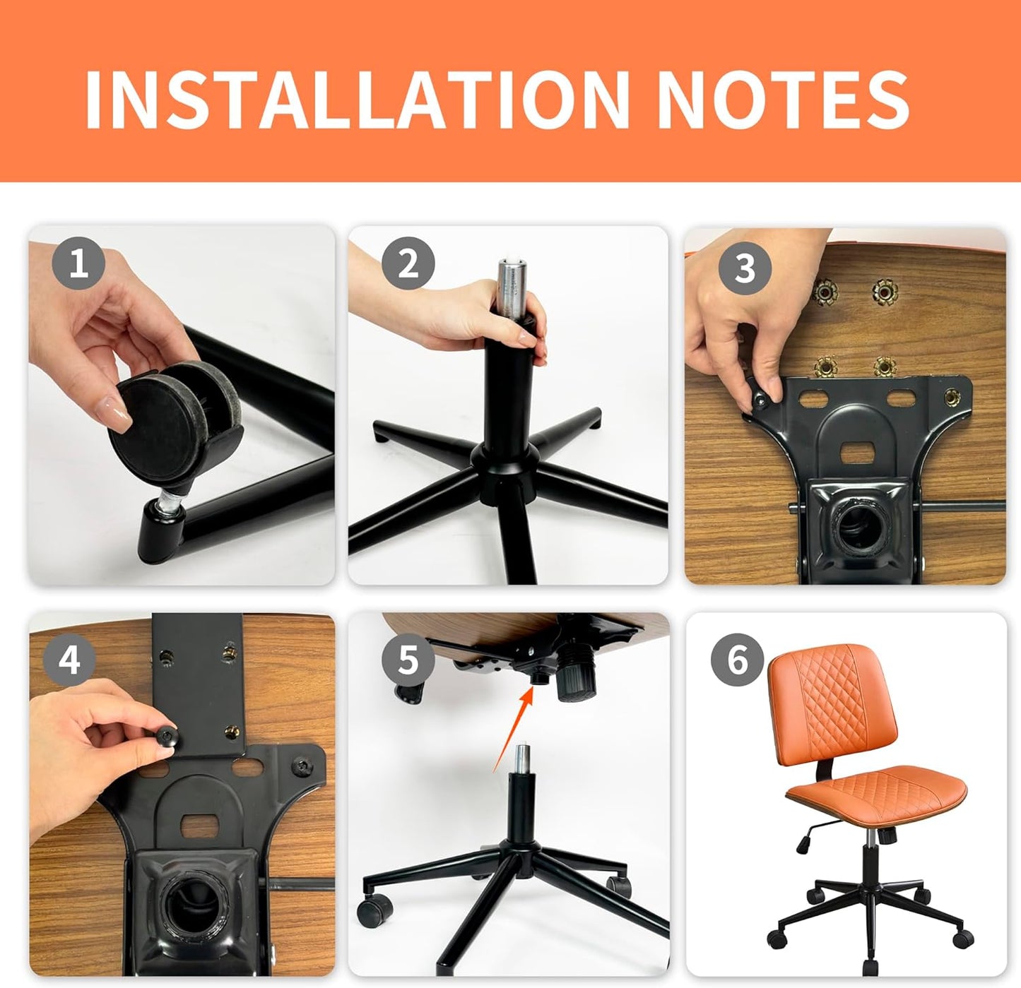 Armless Orange Home Office Chair – Mid-Back PU Leather, Adjustable Height Desk Chair with Swivel Wheels, Walnut Frame for Small Space Study or Bedroom