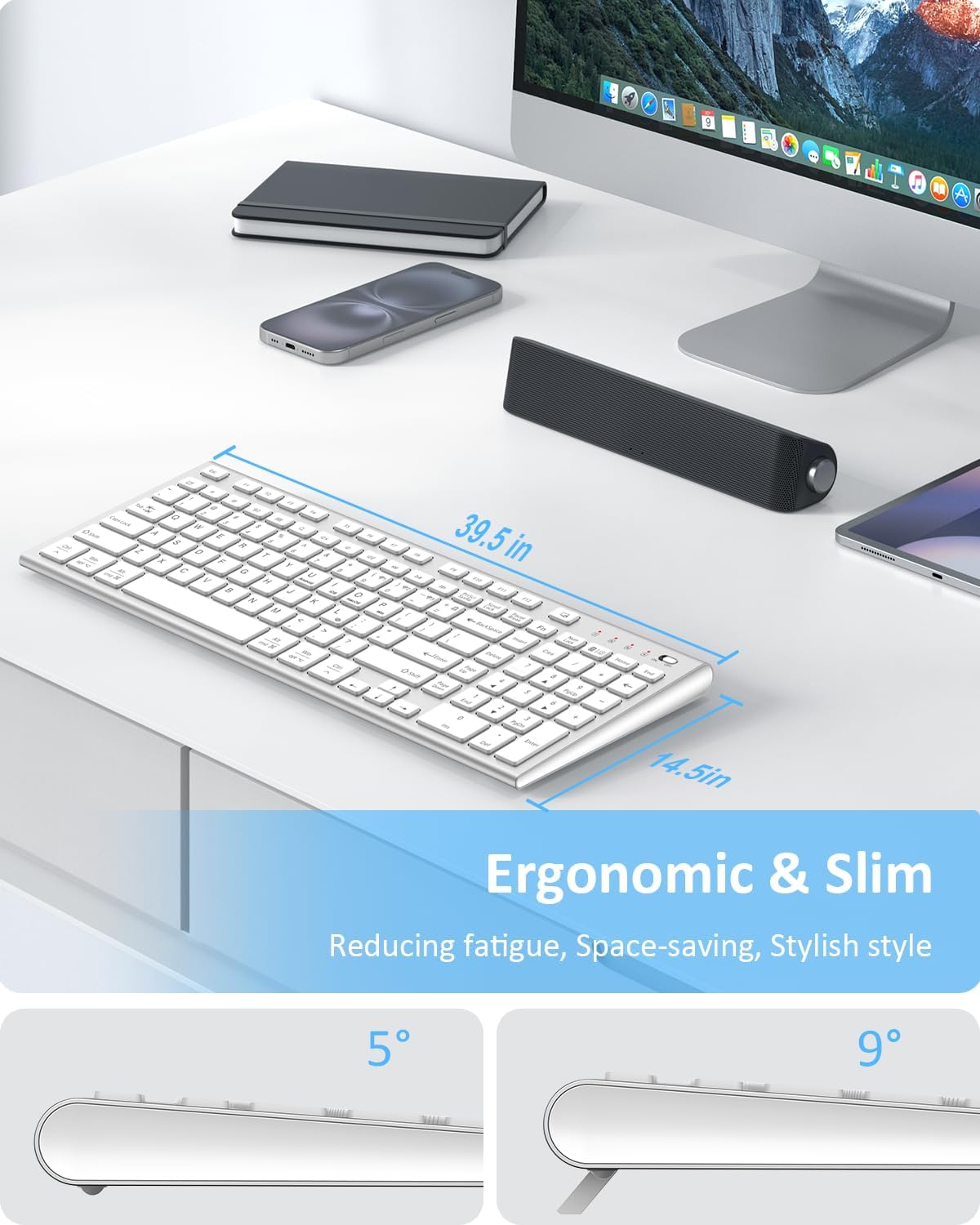 FENIFOX Wireless Keyboard, Bluetooth + USB Ergonomic Silent Quiet Rechargeable with Number Pad Compact Full Size Multi Device Keyboards for iPad Tablet Mac Computer Surface PC MacBook Laptop Silver