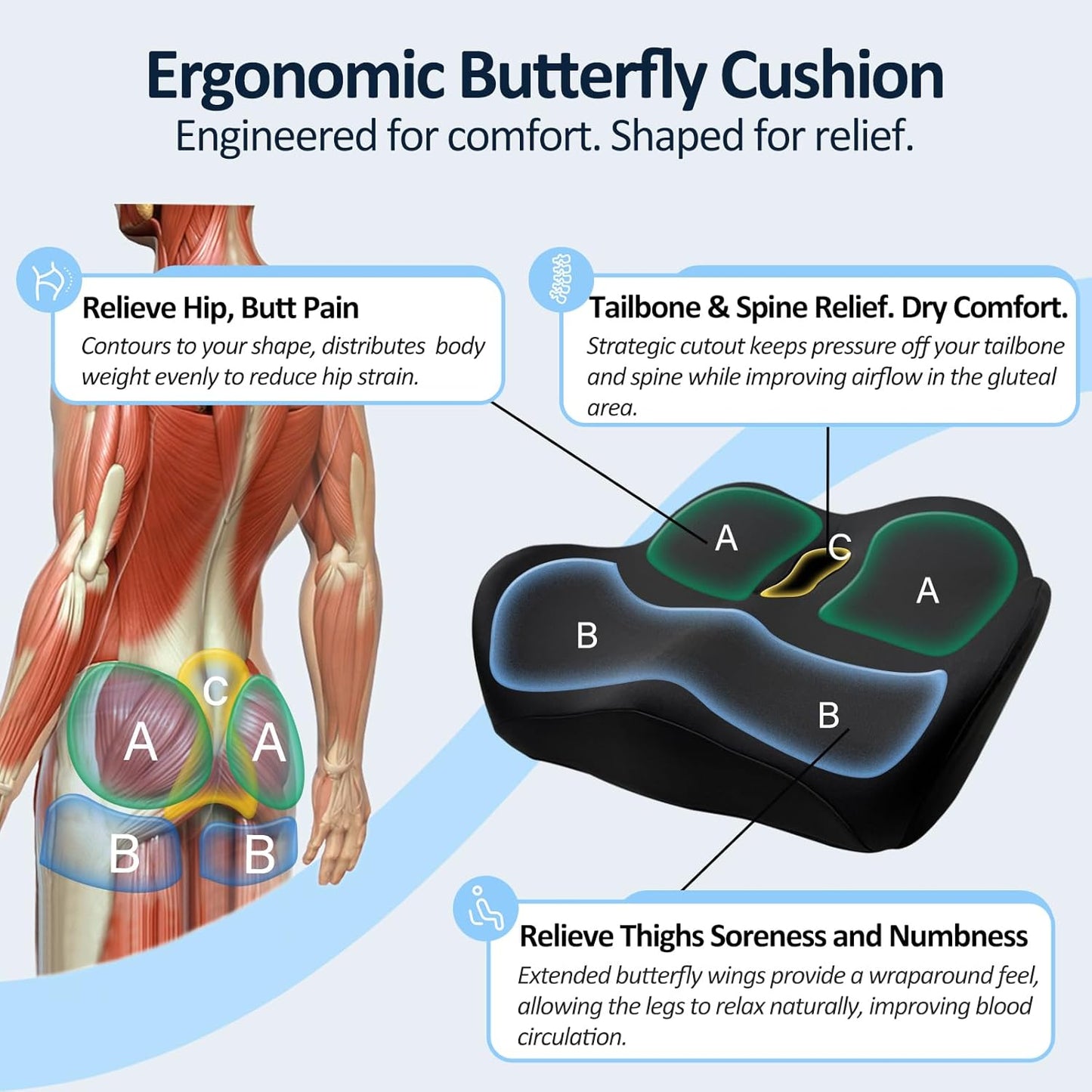 X Large Memory Foam Seat Cushions for Office Chairs, Long Sitting Pressure Relief Ergonomic Office Chair Cushion for Butt Coccyx Tailbone Sciatica, Car Seat Booster for Height (Pure Black)